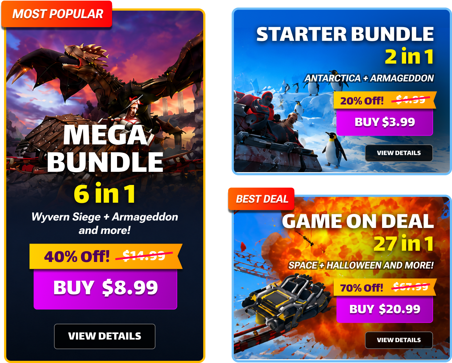 Three redesigned bundle cards — a tall Mega Bundle 6 in 1 card tagged Most Popular with Wyvern Siege plus Armageddon and more at 40% off for $8.99; a Starter Bundle 2 in 1 card with Antarctica plus Armageddon at 20% off for $3.99; and a Game On Deal 27 in 1 card tagged Best Deal with Space plus Halloween and more at 70% off for $20.99 — each showing a strikethrough original price, a Buy button and a View Details button