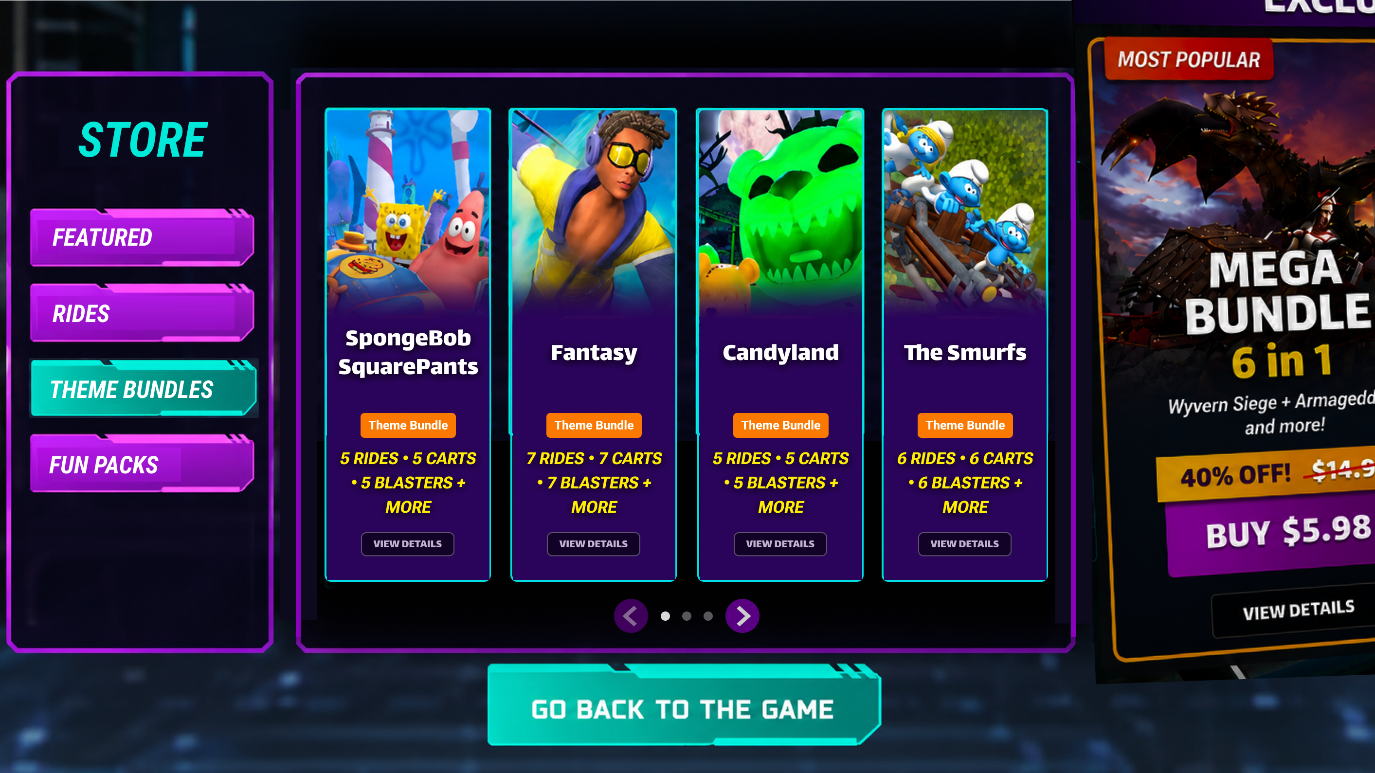 Redesigned Epic Roller Coasters store screen with a left STORE nav of Featured, Rides, Theme Bundles and Fun Packs with Theme Bundles active, four theme bundle cards for SpongeBob SquarePants, Fantasy, Candyland and The Smurfs each tagged Theme Bundle and listing its ride, cart and blaster counts above a View Details button, carousel dots, and a Mega Bundle 6 in 1 rail at 40% off