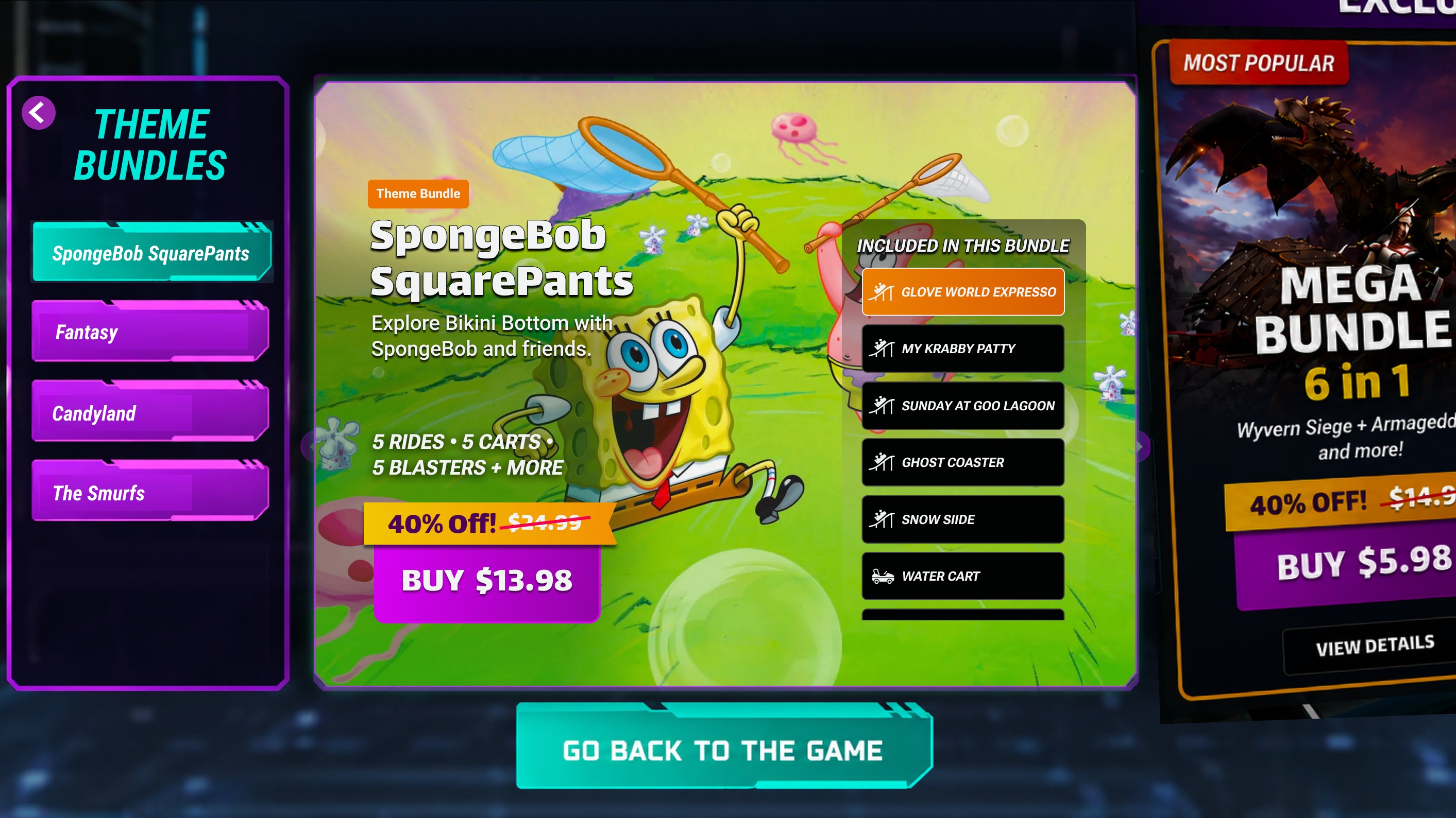 Redesigned Epic Roller Coasters bundle detail screen with a left THEME BUNDLES list, a Theme Bundle tag, the SpongeBob SquarePants title and a one-line description, a 5 rides, 5 carts, 5 blasters summary, an Included In This Bundle panel on the right listing each named ride and cart, a 40% off badge with the original $24.99 struck through above a Buy $13.98 button, and a Go Back To The Game action