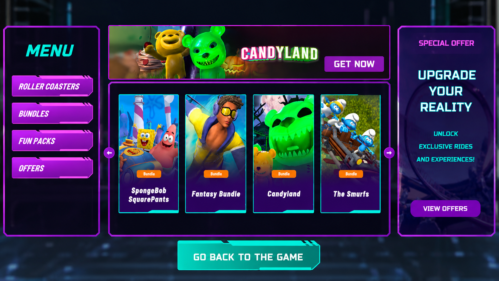 Old Epic Roller Coasters menu screen with a left MENU list of Roller Coasters, Bundles, Fun Packs and Offers, a Candyland promo banner, four bundle cards labelled SpongeBob SquarePants, Fantasy Bundle, Candyland and The Smurfs each tagged only Bundle, and a Special Offer panel reading Upgrade Your Reality with a View Offers button