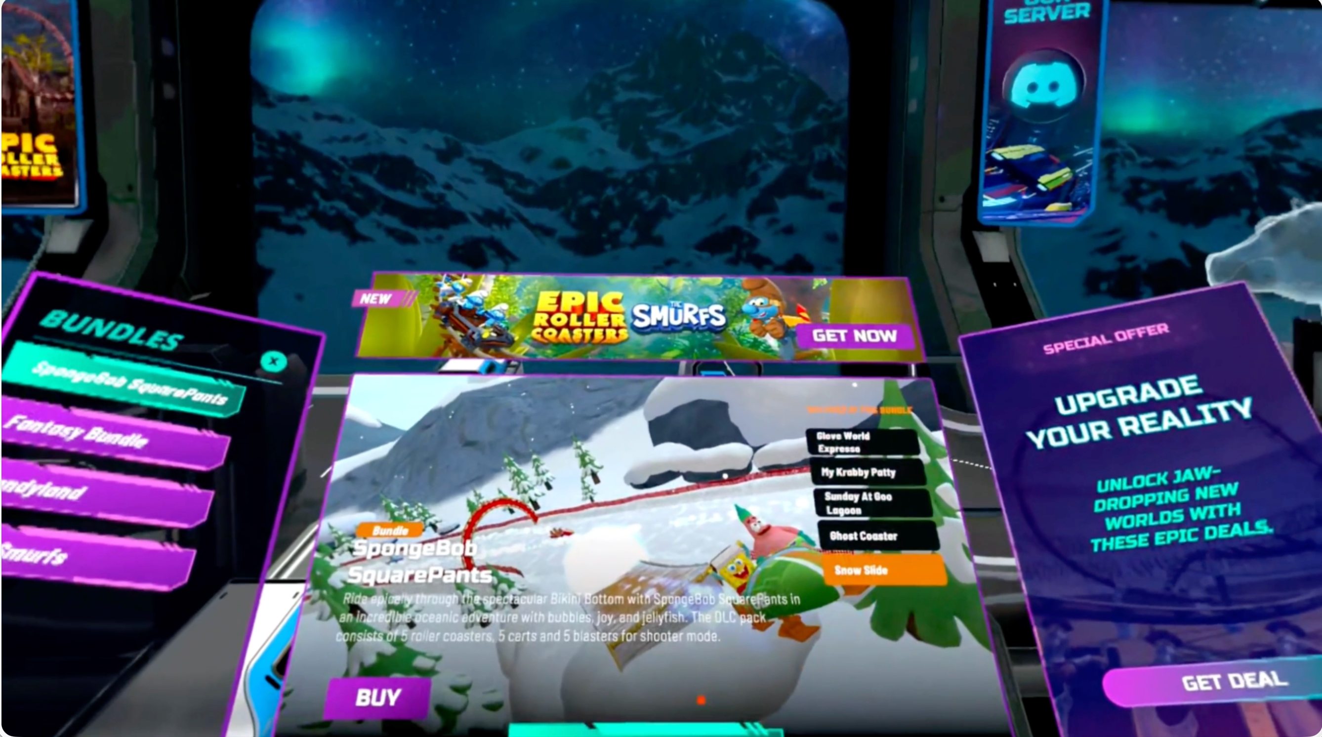 Old Epic Roller Coasters bundle detail view floating in the VR lobby — a tilted BUNDLES list, a SpongeBob SquarePants panel whose description text sits directly over a snowy gameplay screenshot, a list of included rides in small dark chips, a Buy button with no price, and a separate Special Offer panel competing beside it