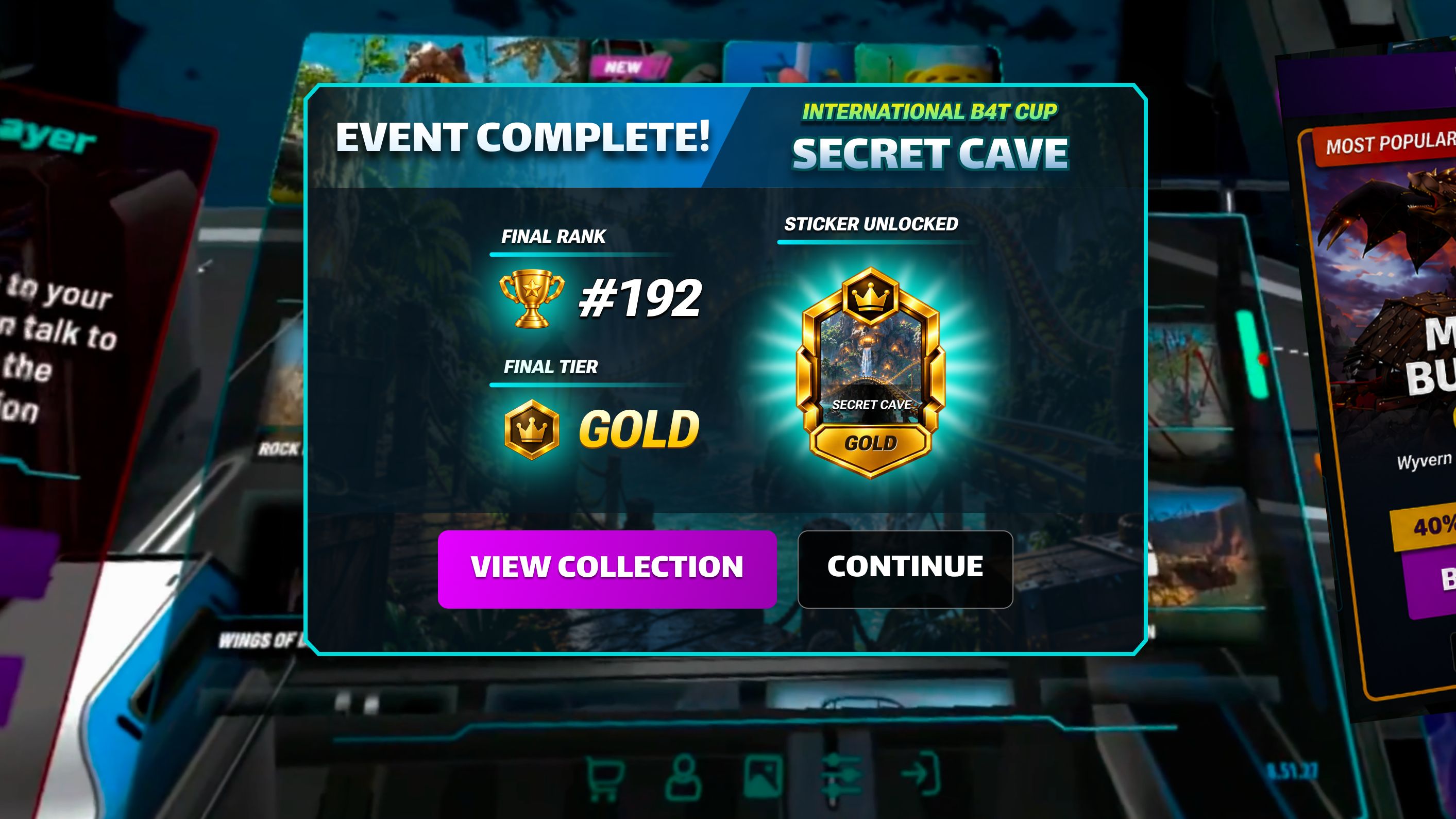 Event Complete panel for Secret Cave showing final rank #192, final tier Gold and a Sticker Unlocked Gold Secret Cave badge, with View Collection and Continue buttons