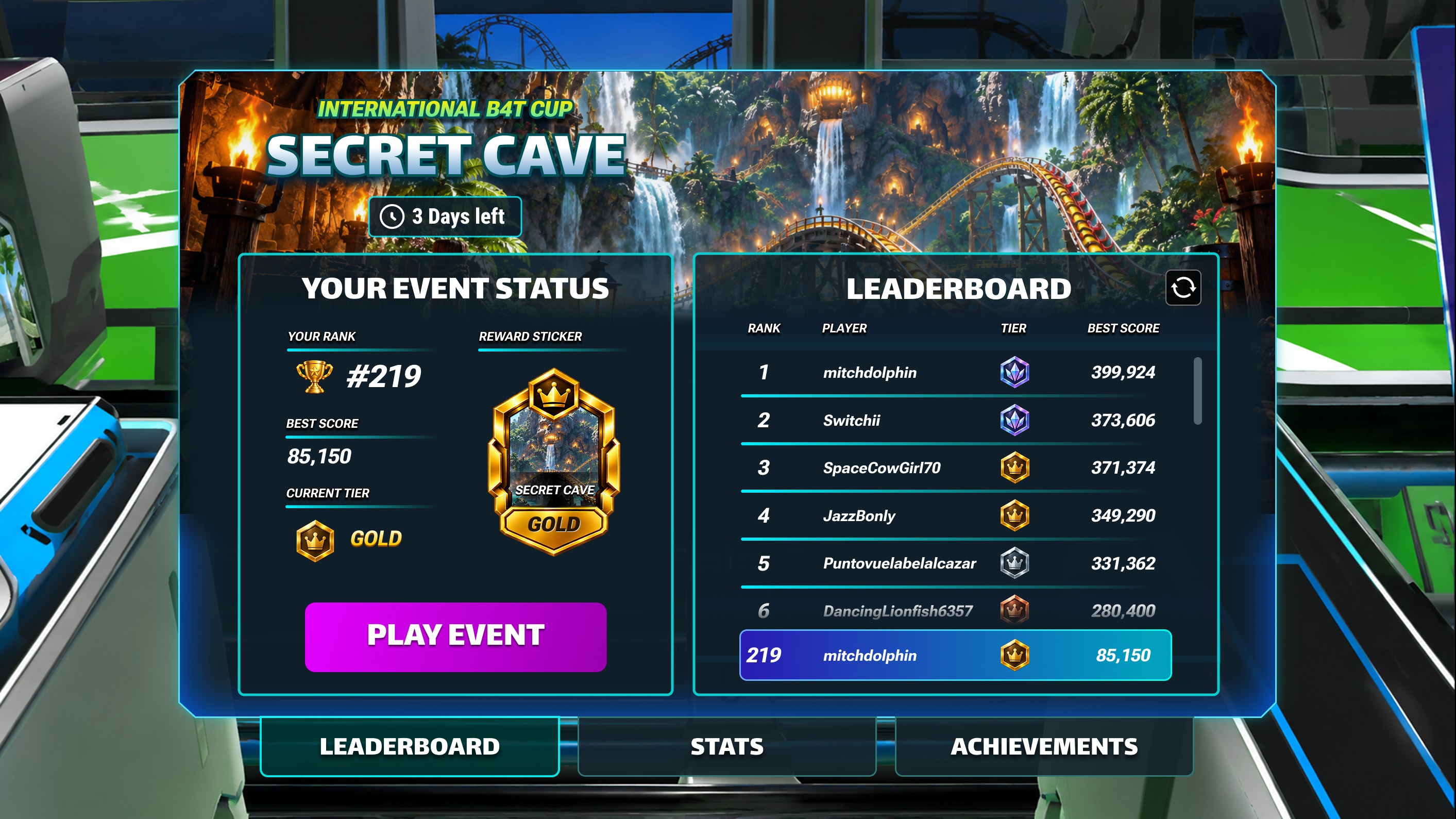 Secret Cave event screen with 3 days left — a Your Event Status panel showing rank #219, best score 85,150, Gold current tier and a Gold reward sticker above a Play Event button, next to a leaderboard of rank, player, tier and best score with the player's own row highlighted at 219