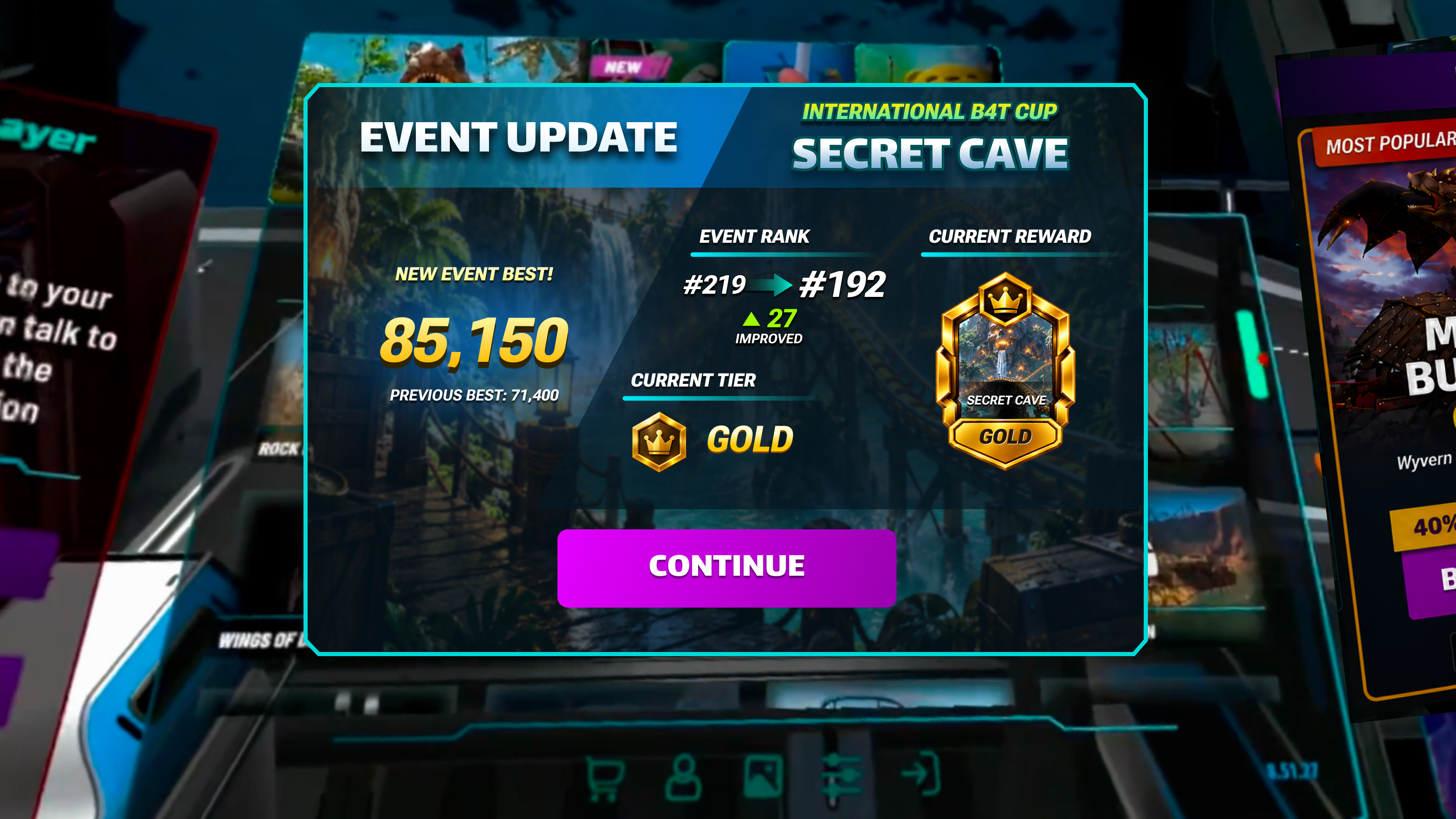 Event Update panel for Secret Cave showing a new event best of 85,150 over a previous best of 71,400, event rank moving from #219 to #192 with 27 places improved, a Gold current tier and Gold current reward sticker, and a Continue button