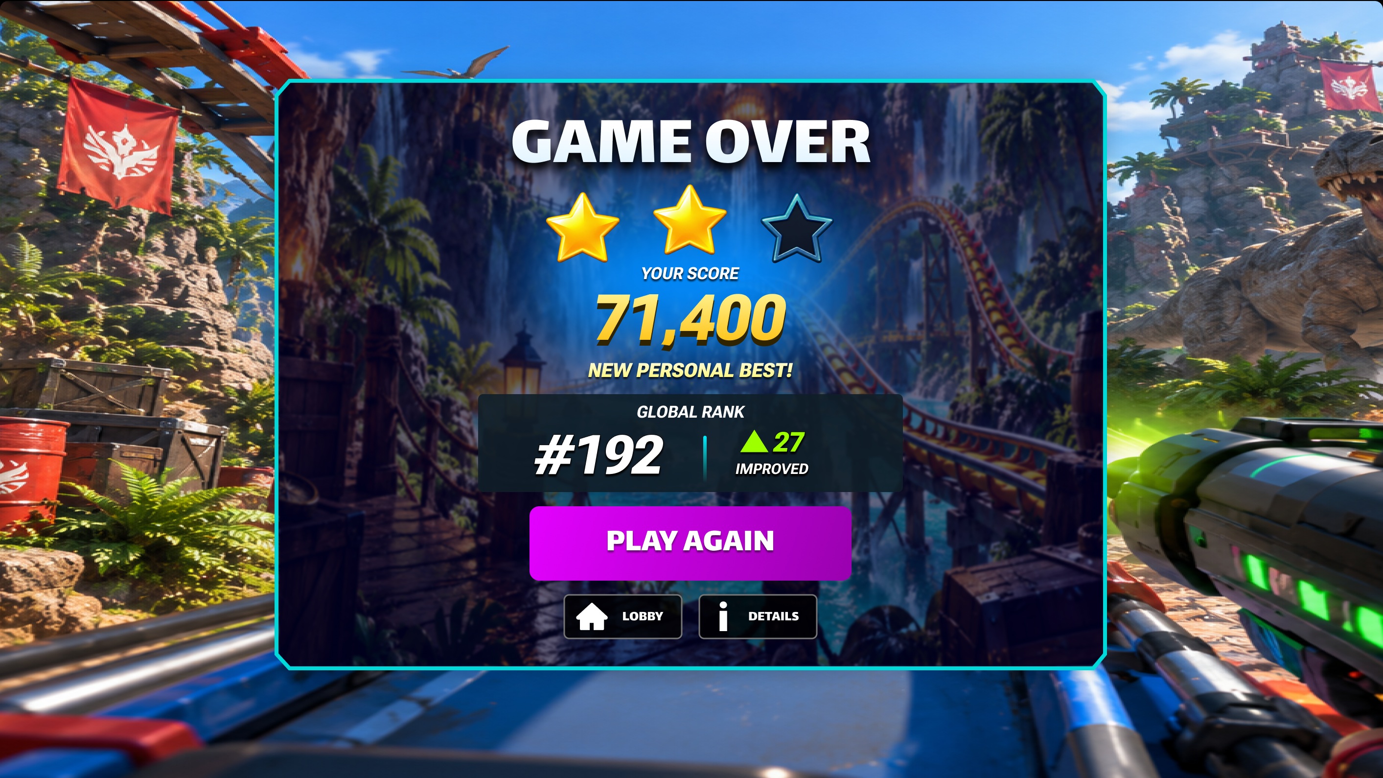 Standard Game Over screen with two of three stars, a score of 71,400 marked New Personal Best, global rank #192 improved by 27, and Play Again, Lobby and Details buttons