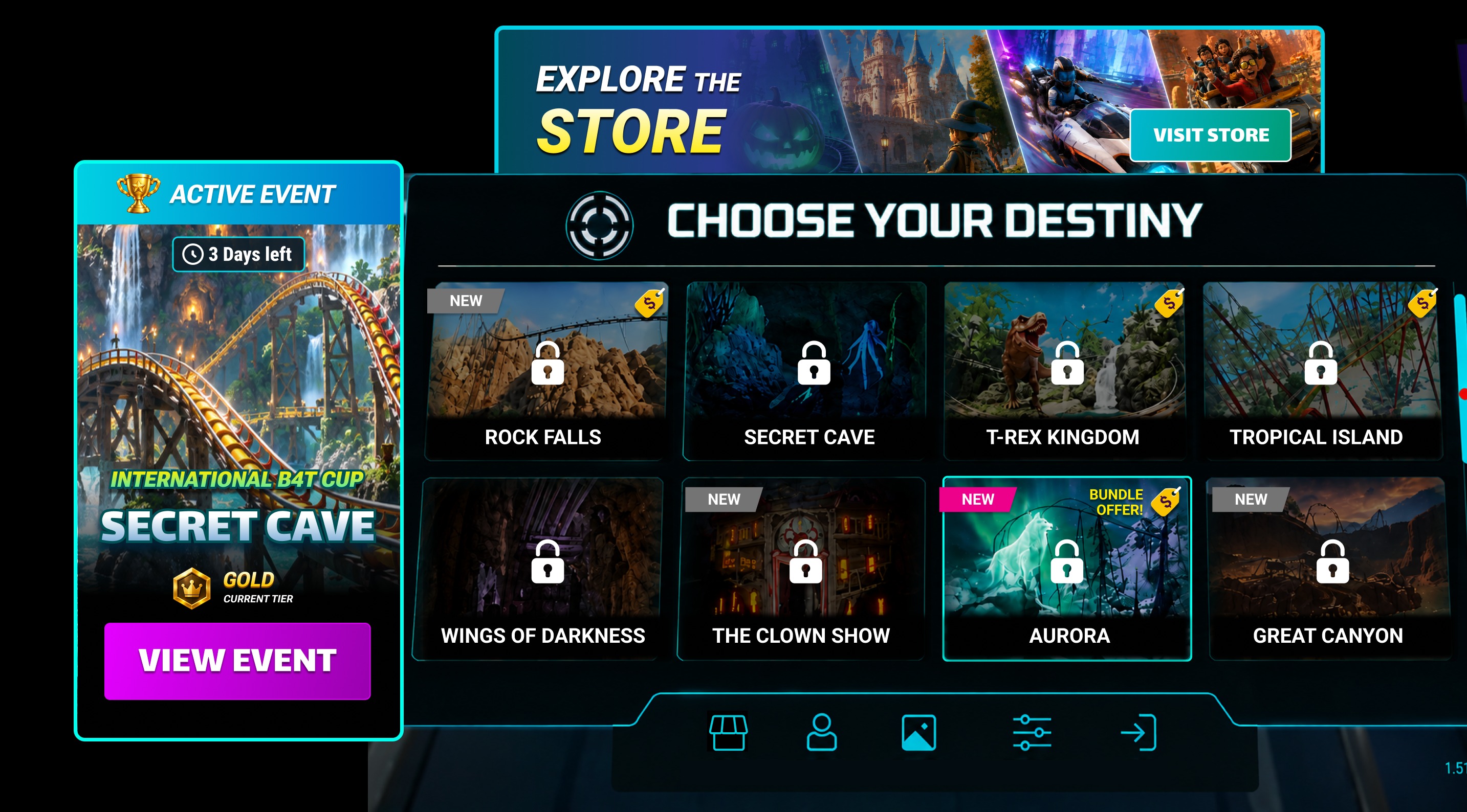Main lobby with an Active Event card for the International B4T Cup Secret Cave showing 3 days left, the player's Gold current tier and a View Event button, beside the Choose Your Destiny ride grid and an Explore the Store banner
