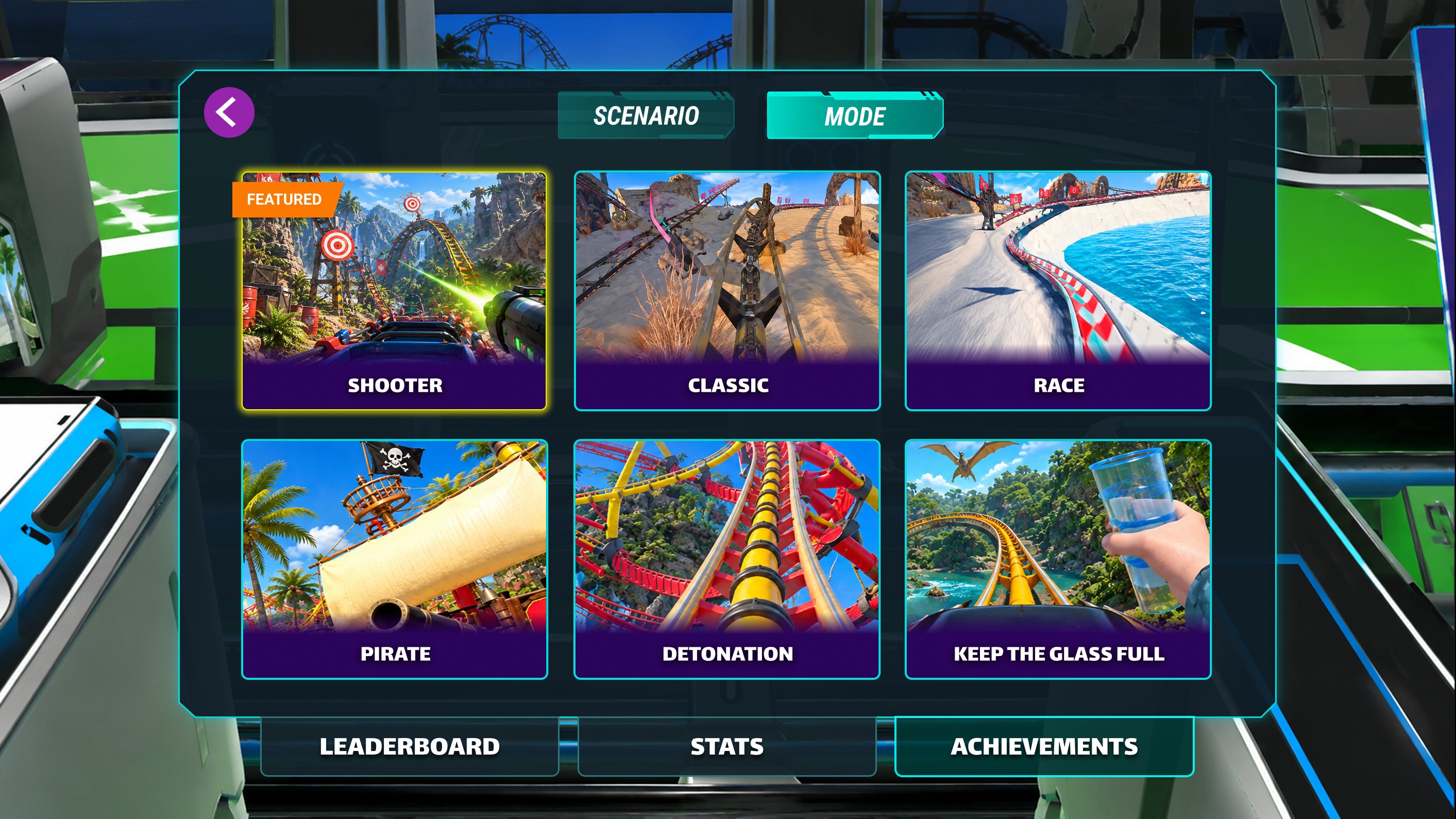 Mode selection panel with Scenario and Mode tabs, showing six mode cards — Shooter highlighted with a yellow border and a Featured tag, followed by Classic, Race, Pirate, Detonation and Keep the Glass Full