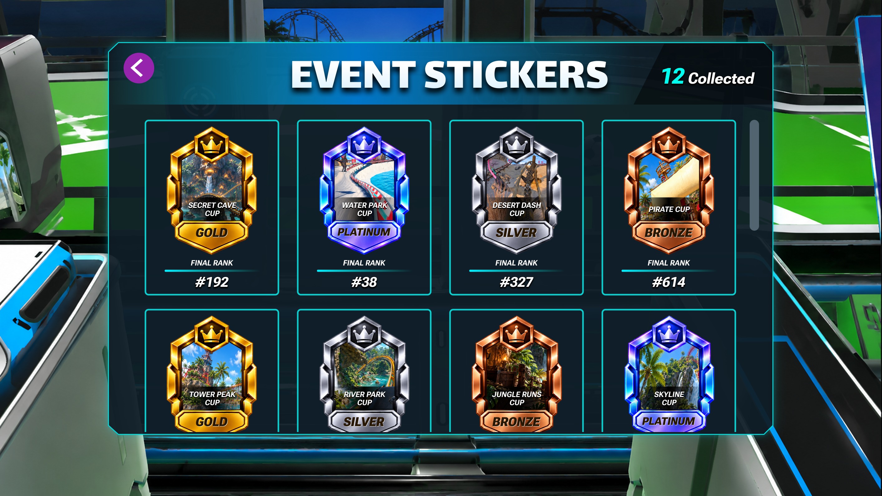 Event Stickers collection screen with 12 collected, showing a grid of tiered event stickers — Secret Cave Cup Gold #192, Water Park Cup Platinum #38, Desert Dash Cup Silver #327, Pirate Cup Bronze #614, plus Tower Peak, River Park, Jungle Runs and Skyline Cup stickers