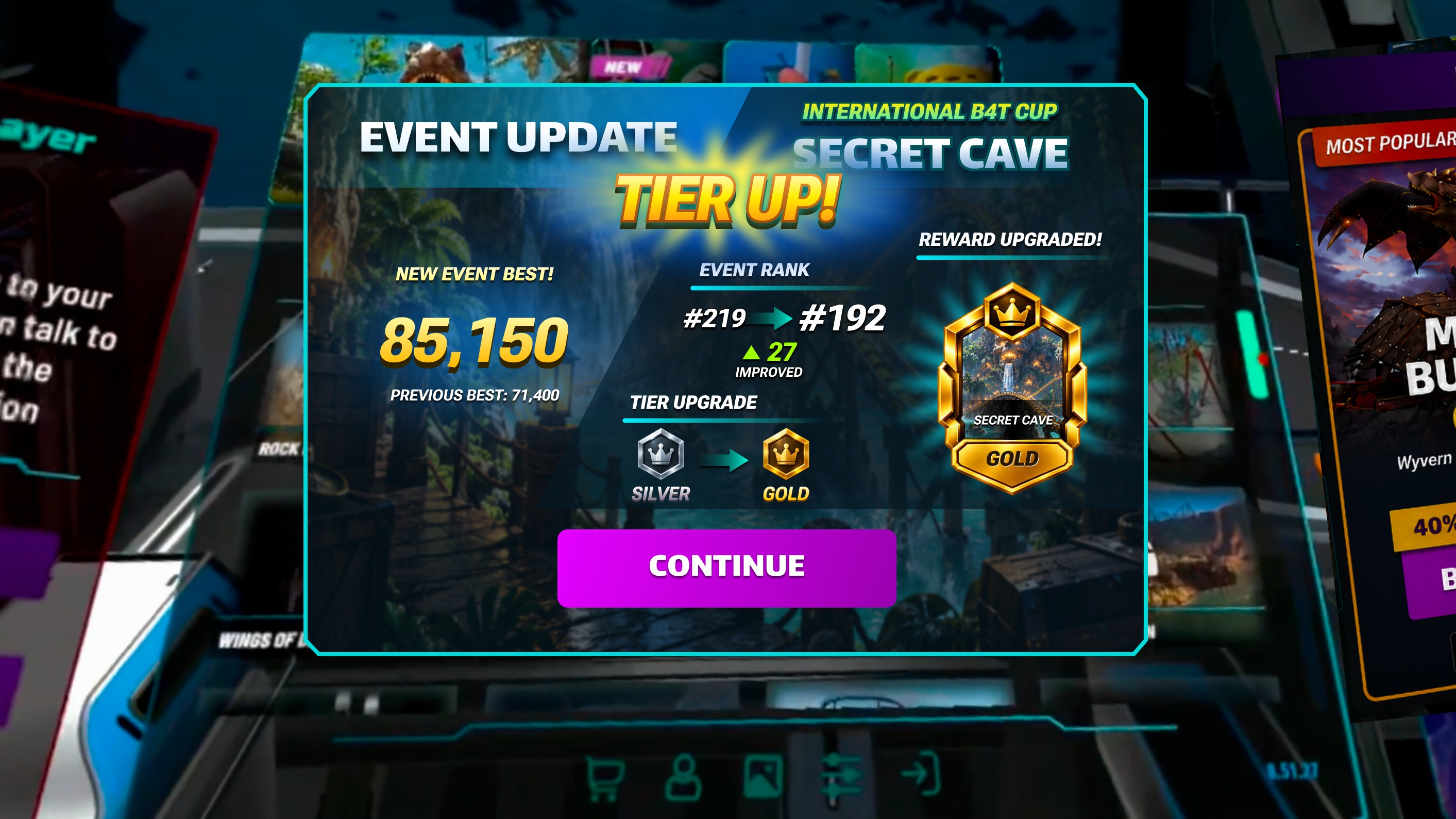 Event Update panel with a Tier Up burst — new event best 85,150, rank #219 to #192, a tier upgrade from Silver to Gold, and a Reward Upgraded Gold Secret Cave sticker above a Continue button