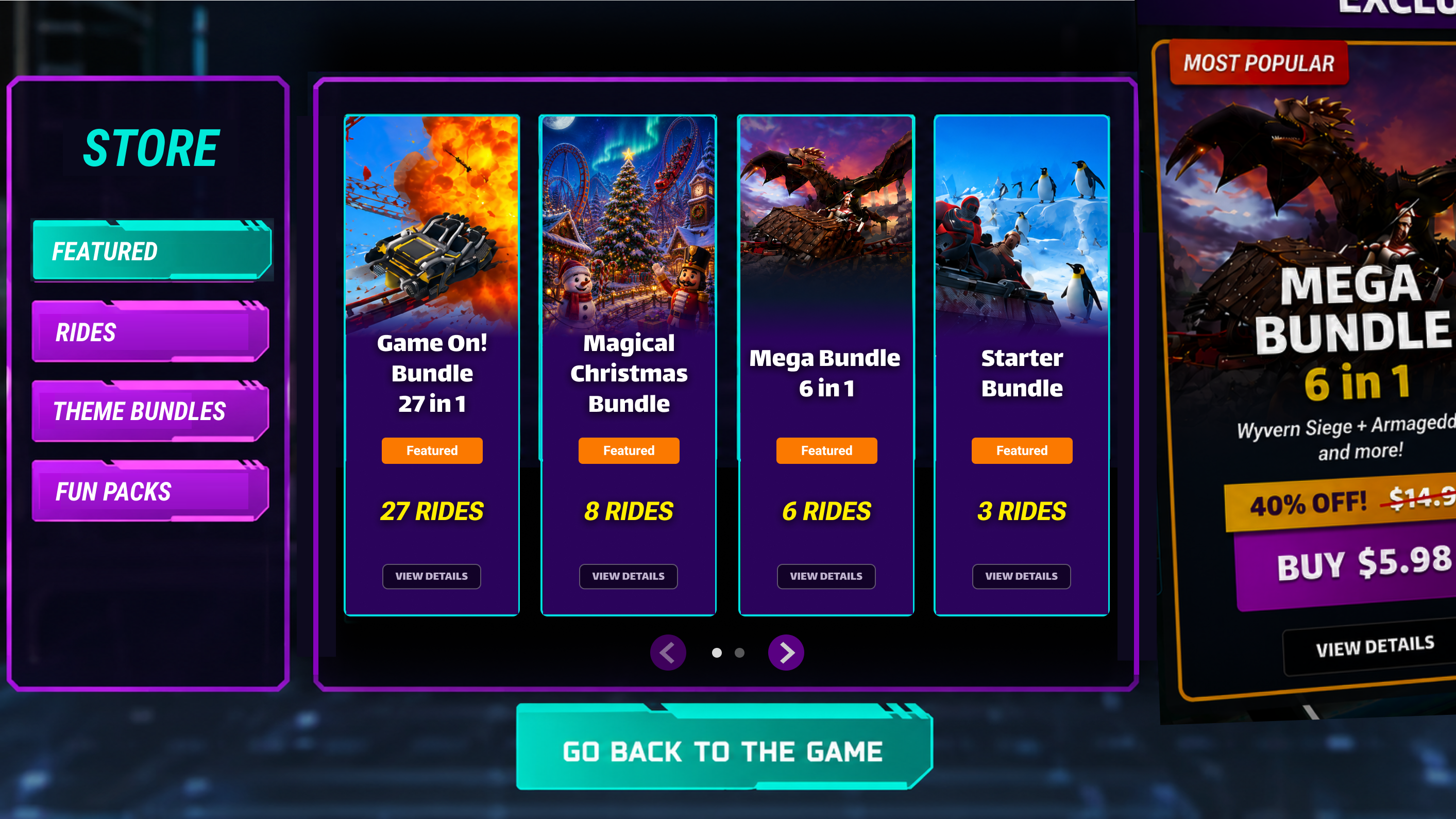 Redesigned Epic Roller Coasters store screen with the left STORE nav of Featured, Rides, Theme Bundles and Fun Packs with Featured active, and four cards — Game On! Bundle 27 in 1 with 27 rides, Magical Christmas Bundle with 8 rides, Mega Bundle 6 in 1 with 6 rides and Starter Bundle with 3 rides — each tagged Featured above a View Details button
