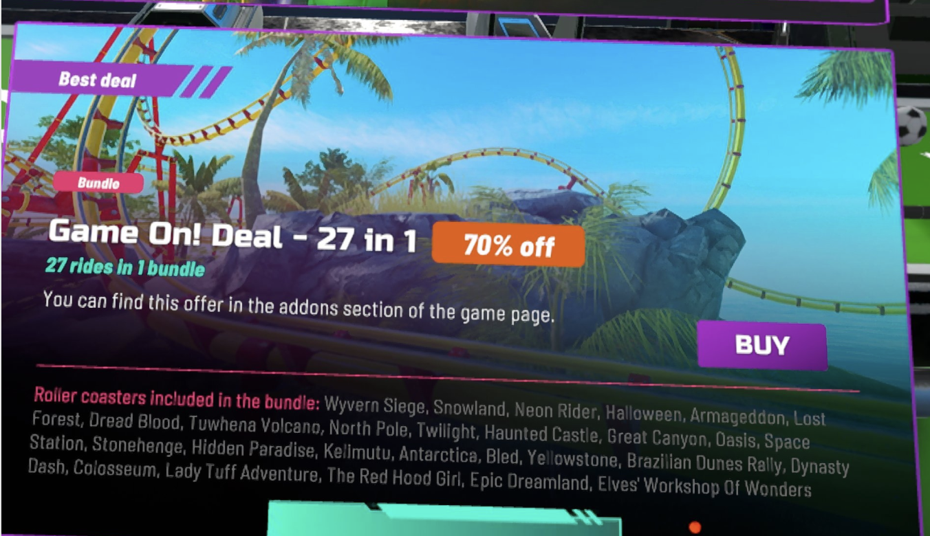 Old Epic Roller Coasters featured offer panel tilted in the VR lobby — Game On! Deal 27 in 1 with a 70% off badge, a line telling players to find the offer in the addons section of the game page, a Buy button with no price, and all 27 coaster names listed beneath as one dense comma-separated paragraph