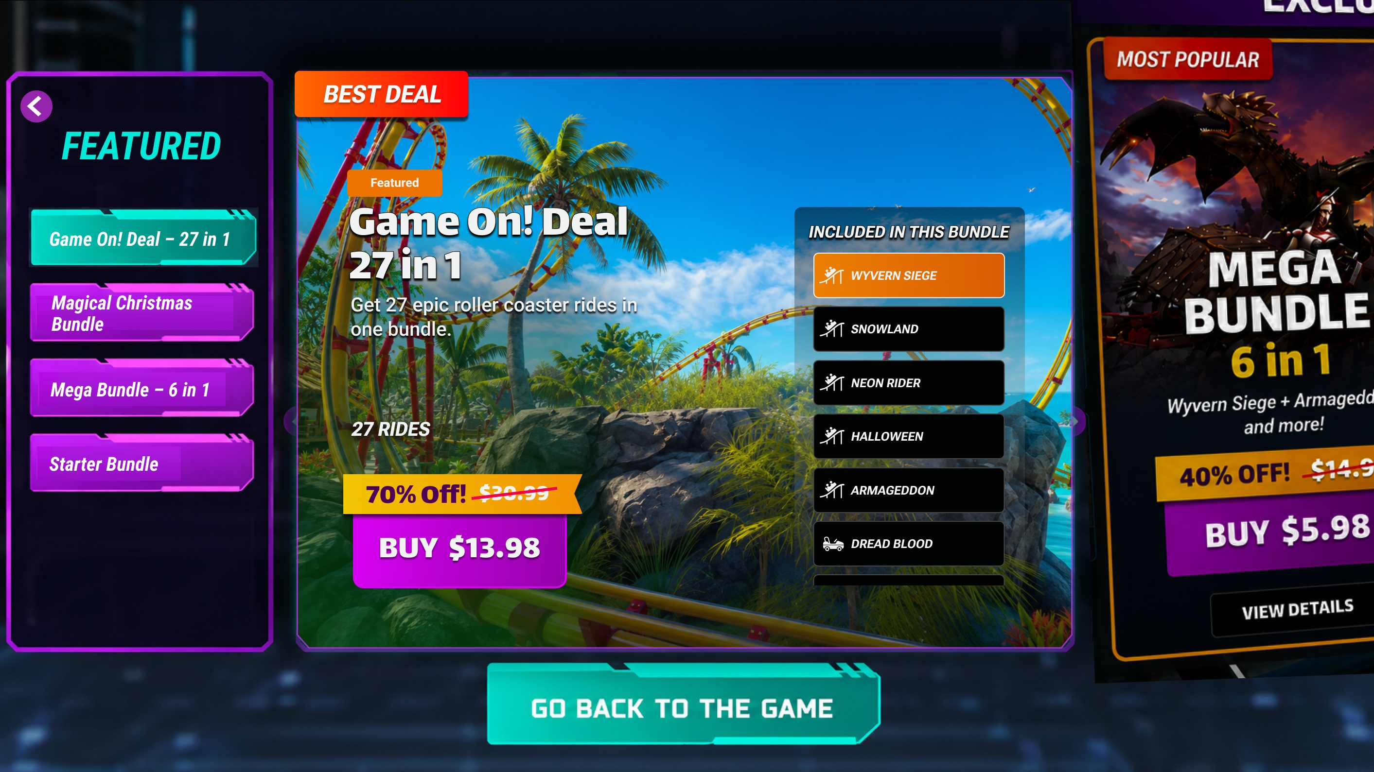 Redesigned featured detail screen with a BEST DEAL flag, a left FEATURED list of Game On! Deal 27 in 1, Magical Christmas Bundle, Mega Bundle 6 in 1 and Starter Bundle, a Featured tag, the Game On! Deal 27 in 1 title with a one-line description, a 27 RIDES summary, a 70% Off badge with the original price struck through above a Buy $13.98 button, and an Included in this Bundle panel listing Wyvern Siege, Snowland, Neon Rider, Halloween, Armageddon and Dread Blood