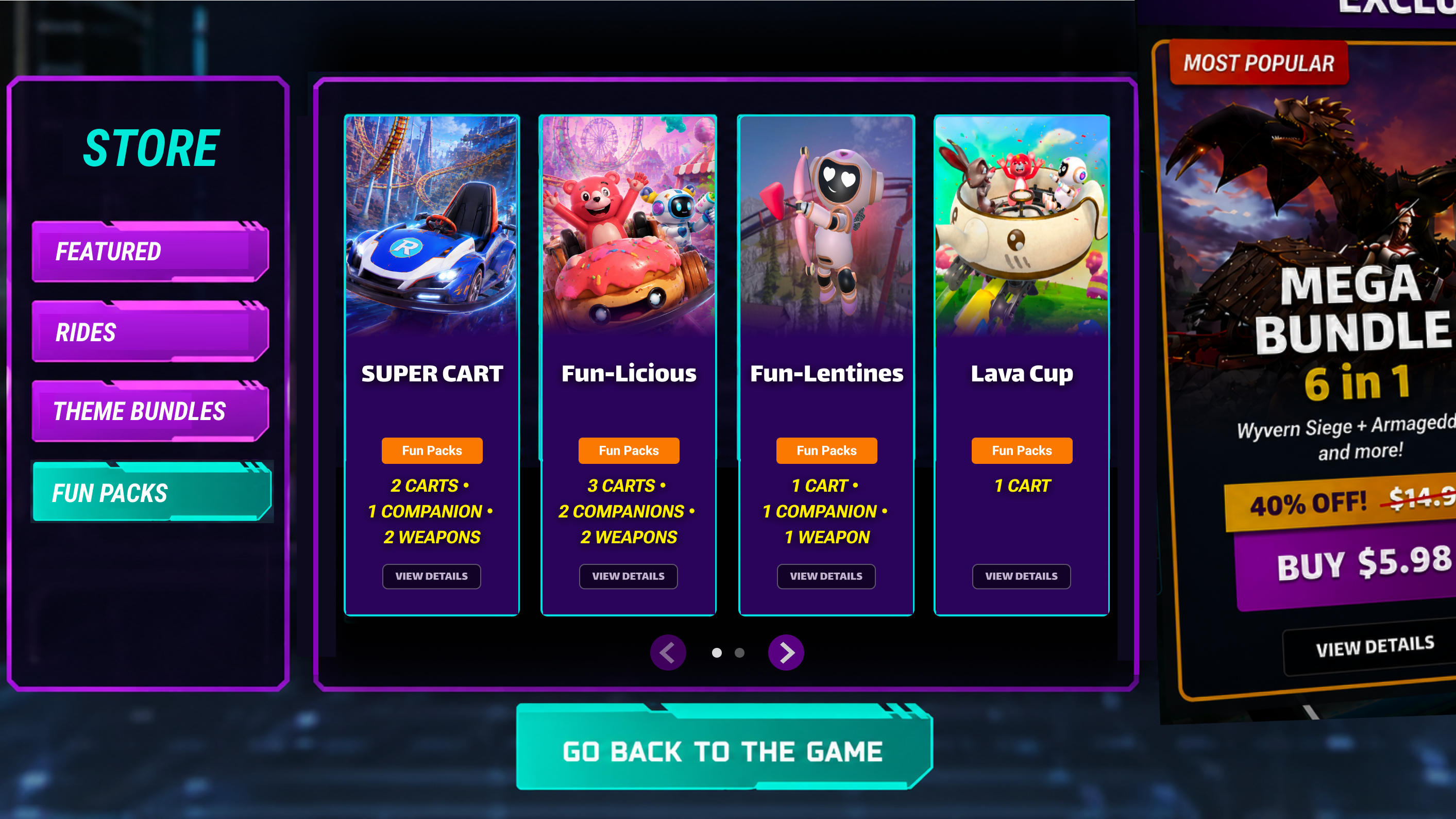 Redesigned store screen with Fun Packs active in the STORE nav and four pack cards — SUPER CART with 2 carts, 1 companion and 2 weapons; Fun-Licious with 3 carts, 2 companions and 2 weapons; Fun-Lentines with 1 cart, 1 companion and 1 weapon; and Lava Cup with 1 cart — each tagged Fun Packs above a View Details button
