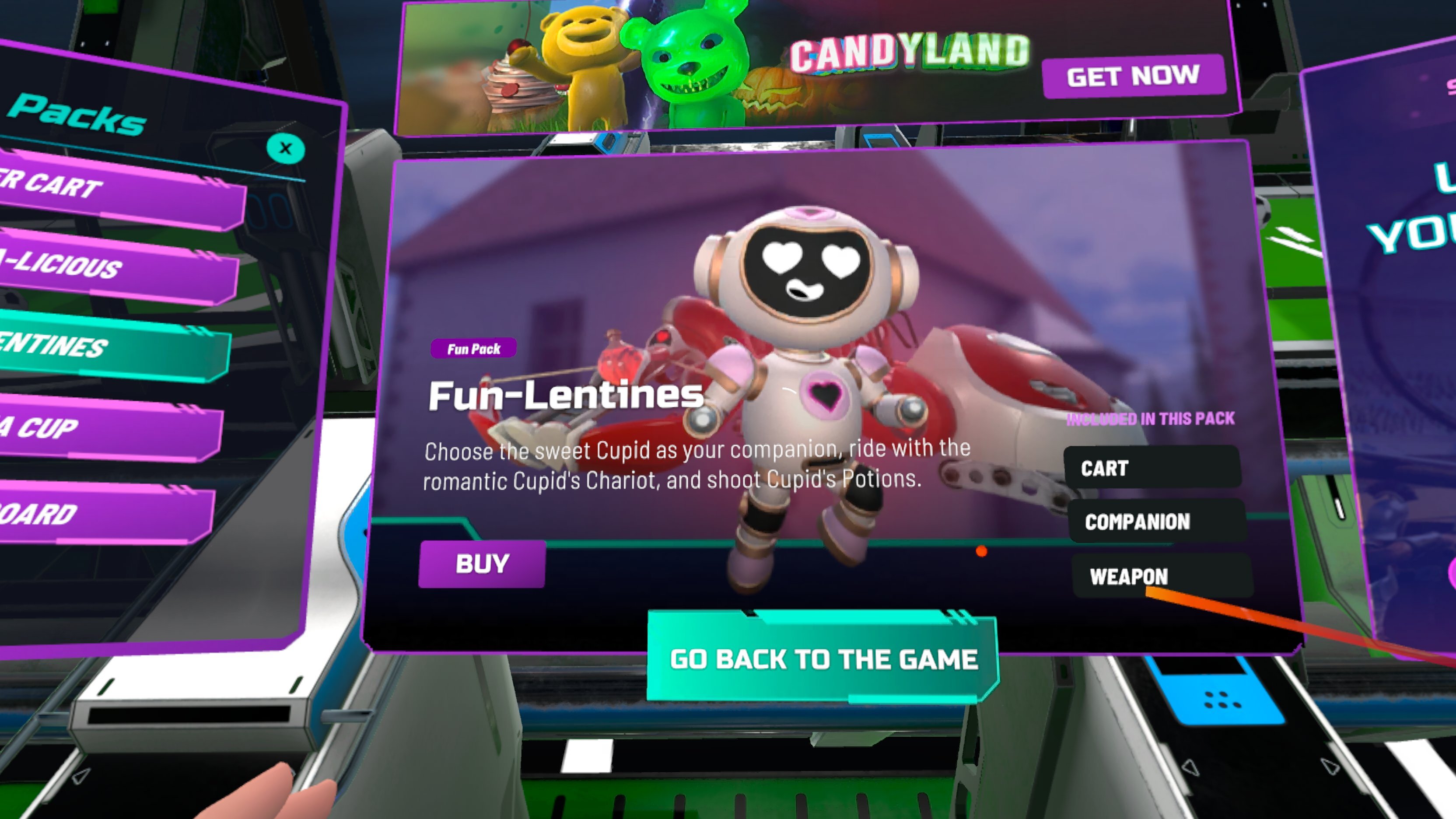 Old Fun-Lentines pack detail panel floating in the VR lobby with a Candyland promo banner above it, a paragraph describing the Cupid companion, chariot and potions, generic CART, COMPANION and WEAPON labels on the right, and a Buy button with no price