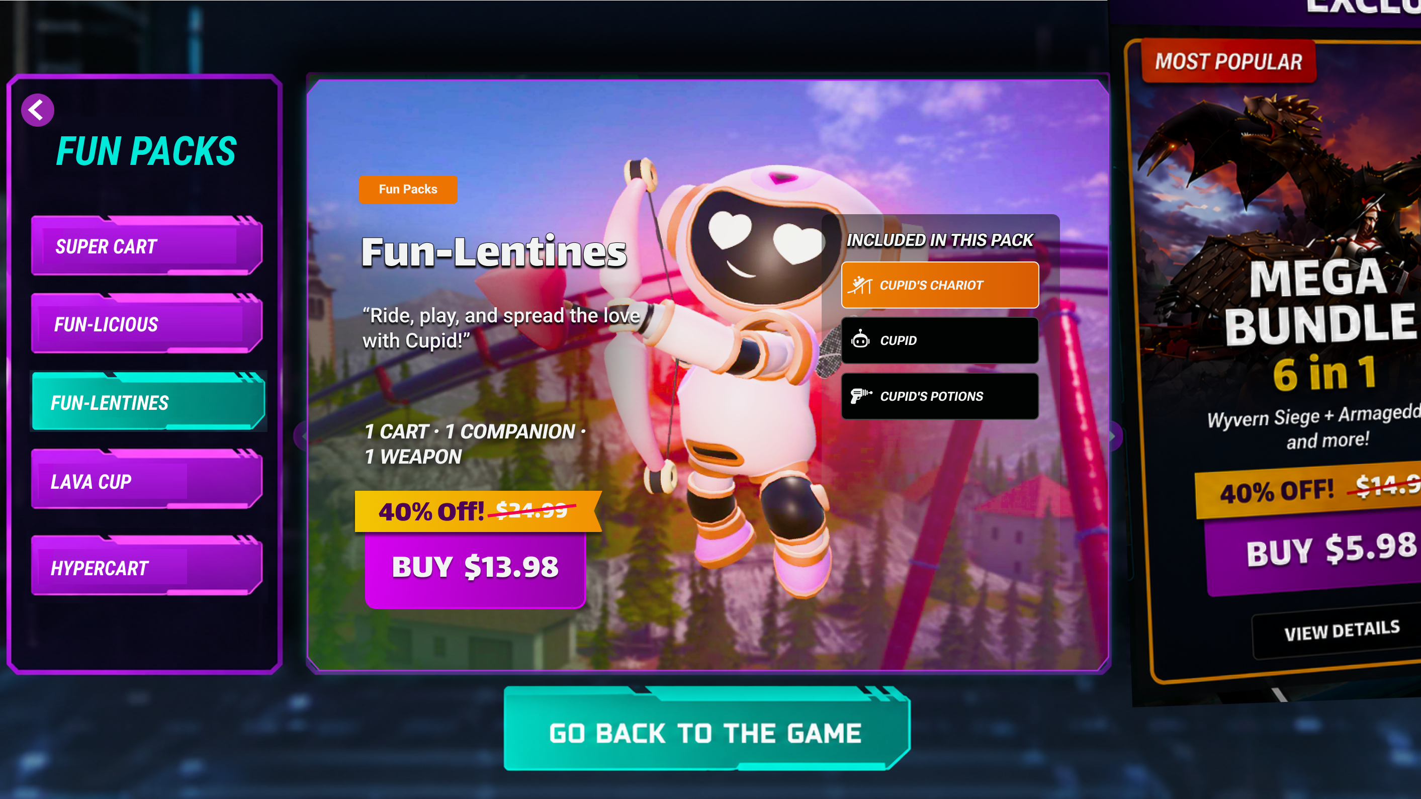 Redesigned Fun Packs detail screen with a left FUN PACKS list of Super Cart, Fun-Licious, Fun-Lentines, Lava Cup and Hypercart, a Fun Packs tag, the Fun-Lentines title with a short quoted line, a 1 cart, 1 companion, 1 weapon summary, a 40% Off badge with the original $24.99 struck through above a Buy $13.98 button, and an Included in this Pack panel naming Cupid's Chariot, Cupid and Cupid's Potions