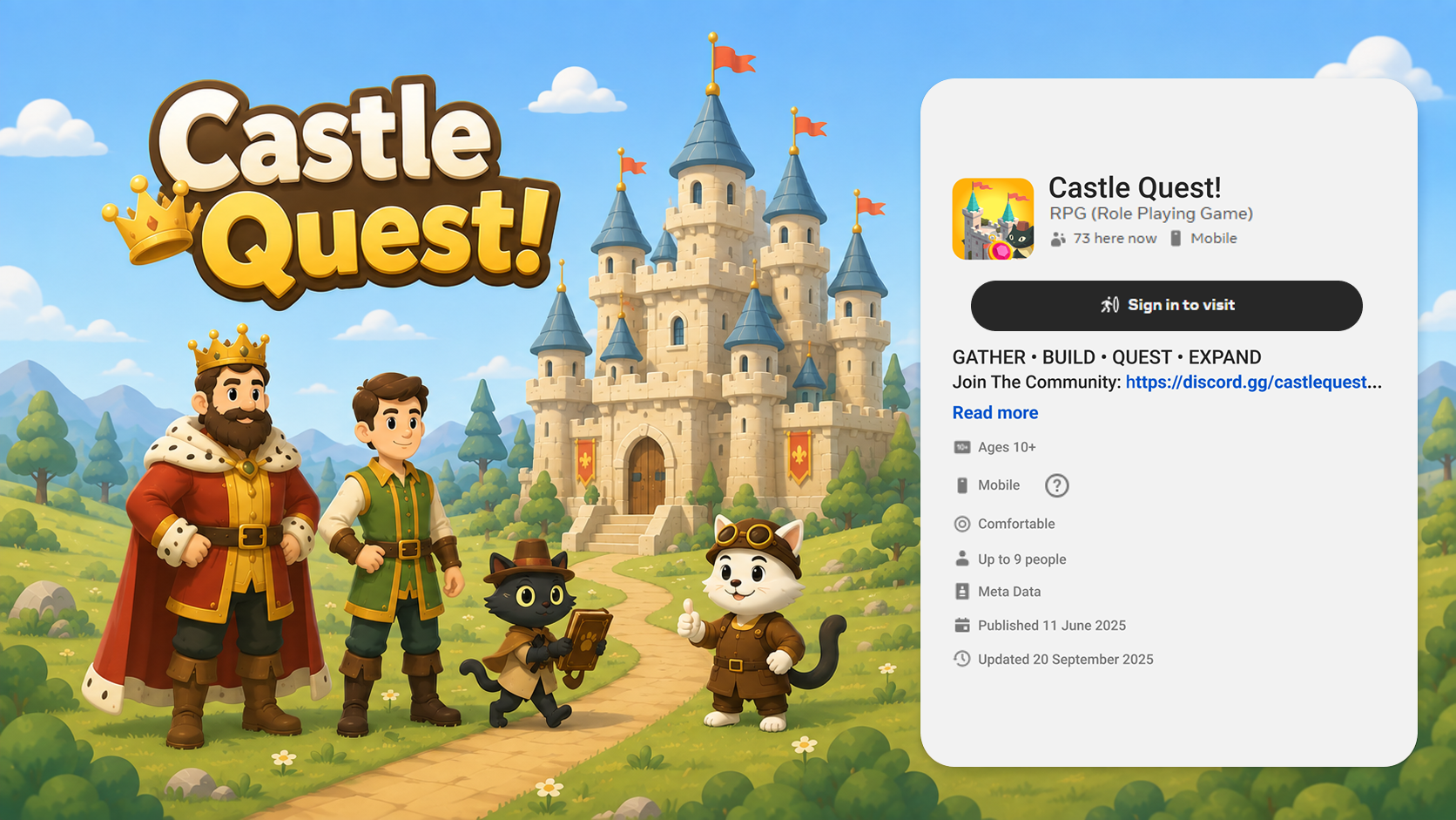 Castle Quest key art with the game logo, a king, villager and two cat companions on a path to a castle, beside a Horizon Worlds listing panel with a sign-in-to-visit button, the tagline Gather Build Quest Expand, a community link, and details for age, platform, comfort and player count