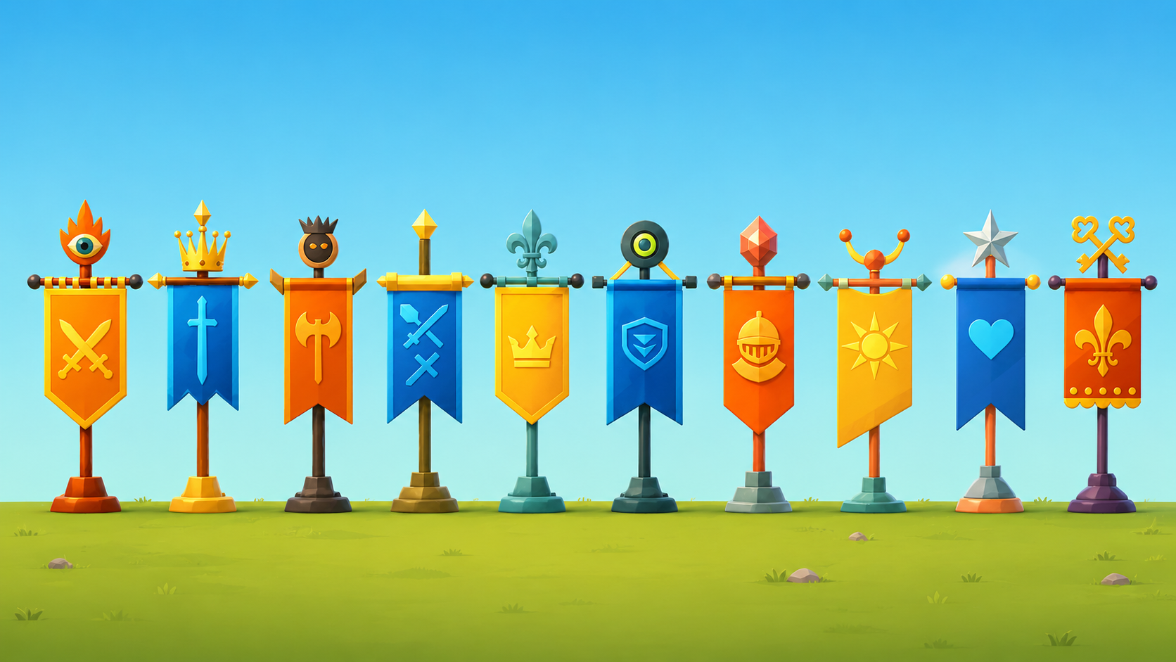 A row of eleven collectible heraldic banners on a grass field, each with a different crest such as crossed swords, sword, axe, crown, shield, knight helm, sun, heart and fleur-de-lis, topped with unique finials including a flame eye, crown, gem, star and crossed keys
