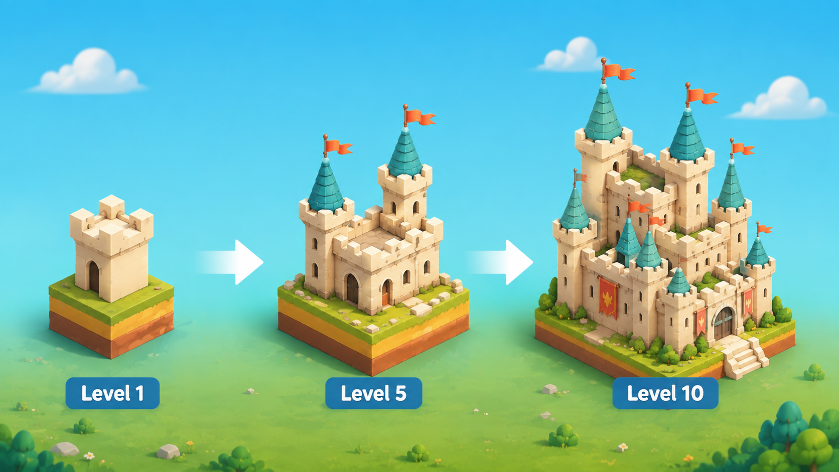 Castle progression diagram with arrows showing the same land plot as a small stone keep at Level 1, a two-tower castle with flags at Level 5, and a large multi-tower fortress with banners, gardens and a grand entrance at Level 10