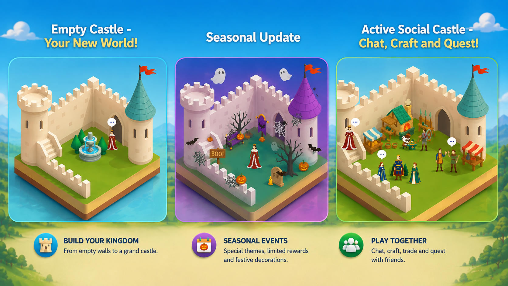 Three isometric courtyard panels labelled Empty Castle Your New World, Seasonal Update with Halloween pumpkins ghosts and cobwebs, and Active Social Castle Chat Craft and Quest with market stalls and players talking, captioned Build Your Kingdom, Seasonal Events and Play Together