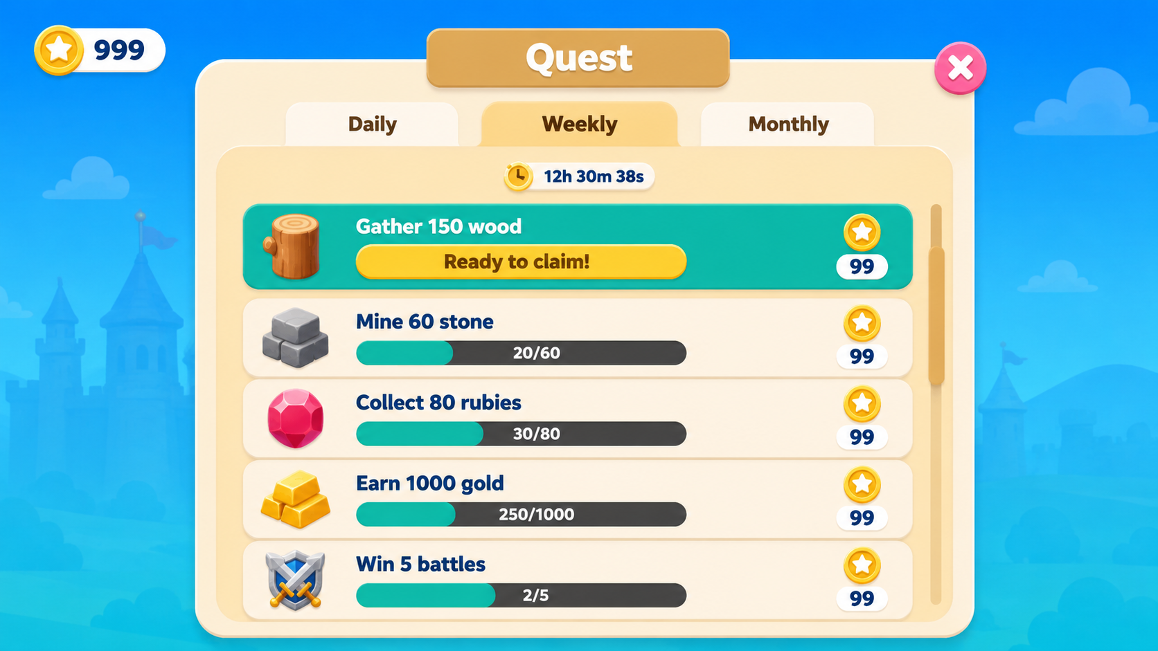 Quest panel with Daily, Weekly and Monthly tabs on the Weekly view, a twelve hour countdown, a coin balance, and task rows for gathering wood marked ready to claim plus mining stone, collecting rubies, earning gold and winning battles with progress bars and star rewards