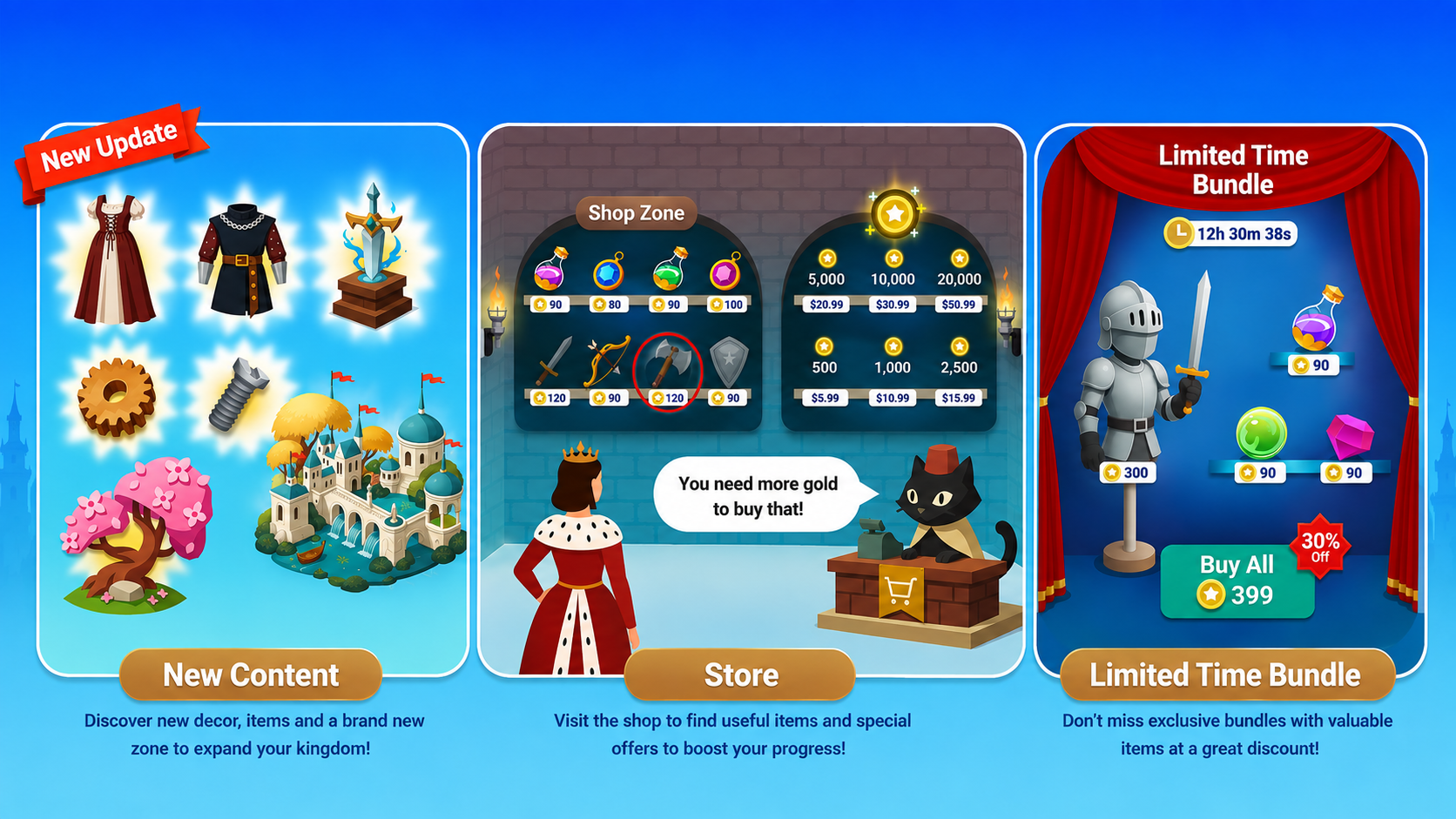 Three shop panels — a New Update content teaser with outfits, a sword, crafting parts, a blossom tree and a new zone; a Store with potions, weapons and gold packs priced in coins and dollars where a shopkeeper cat says you need more gold to buy that; and a Limited Time Bundle behind red curtains with a knight, potions and gems for a discounted Buy All price on a countdown