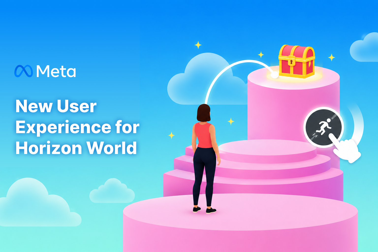 Cover graphic for the Horizon Worlds new user experience task: an avatar on pink stepped platforms reaching for a treasure chest under a blue sky