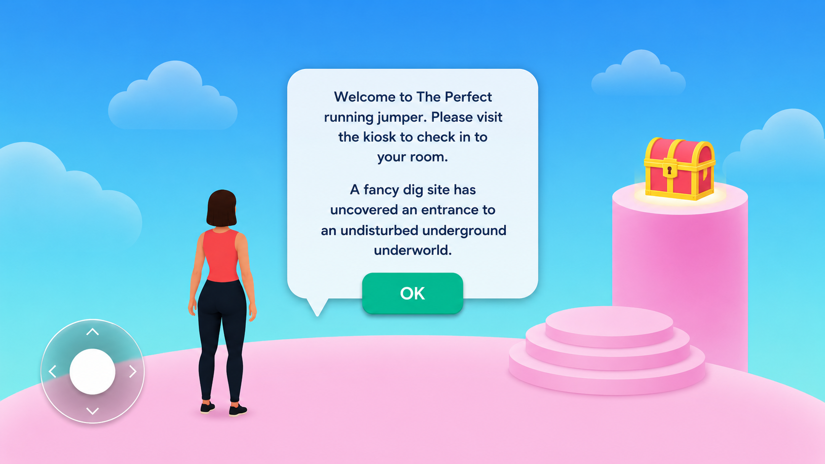 Welcome screen where an avatar faces a speech bubble introducing the world and asking the player to check in at the kiosk, with a movement pad in the corner and a treasure chest on a pink platform