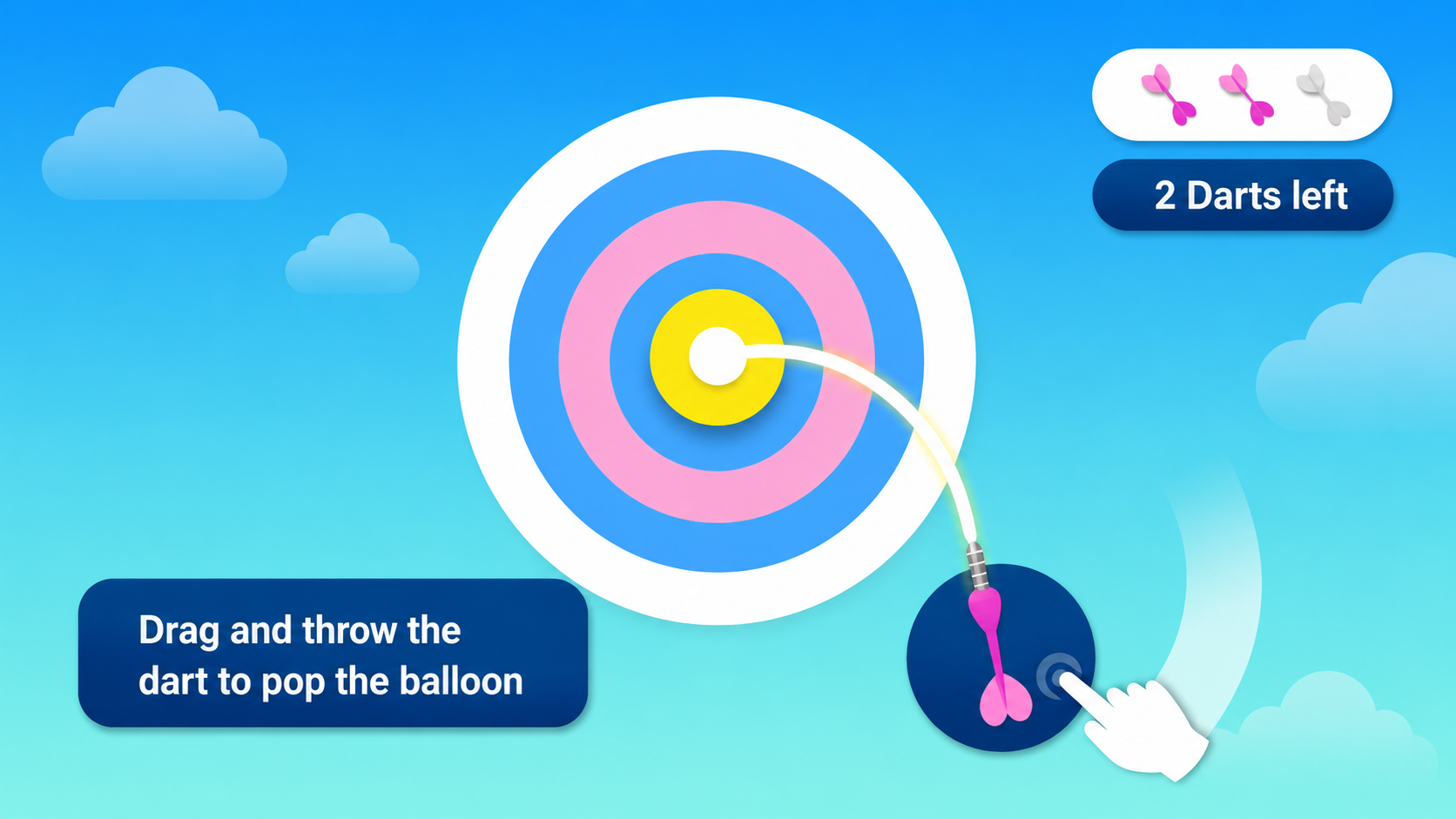 Dart-throwing tutorial screen with a bullseye target, a curved throw trajectory, a drag-and-throw prompt, and a two-darts-left counter