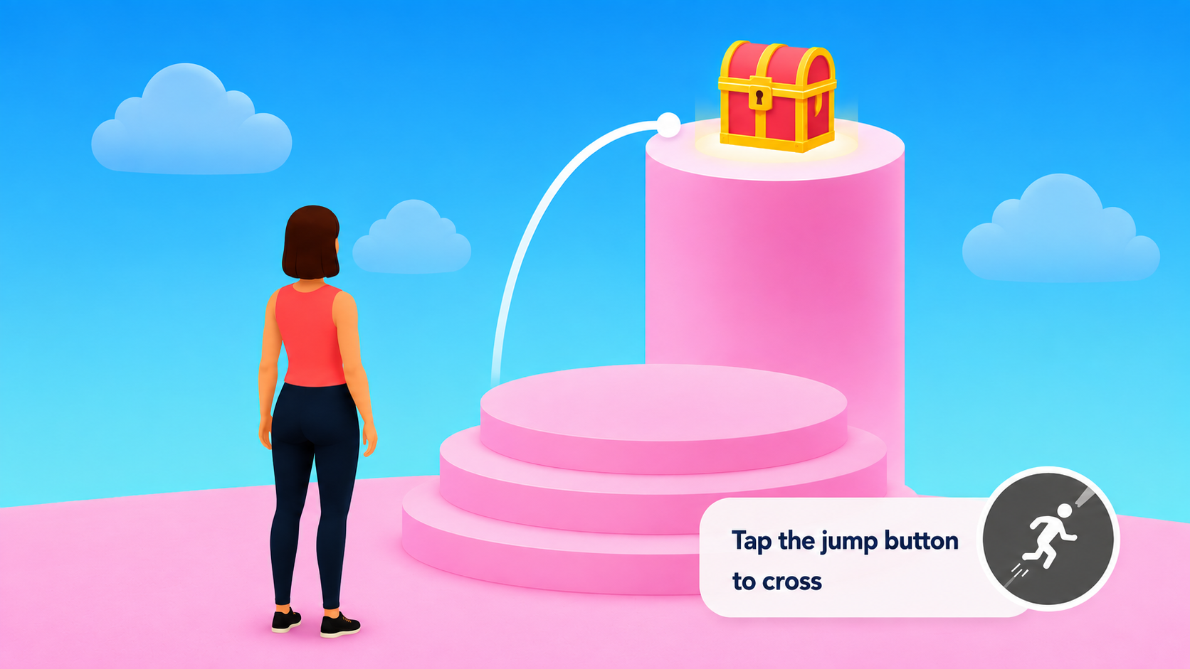 Platform-jumping screen with a jump arc leading to a treasure chest on a higher pink platform and a tap-the-jump-button prompt beside the jump control