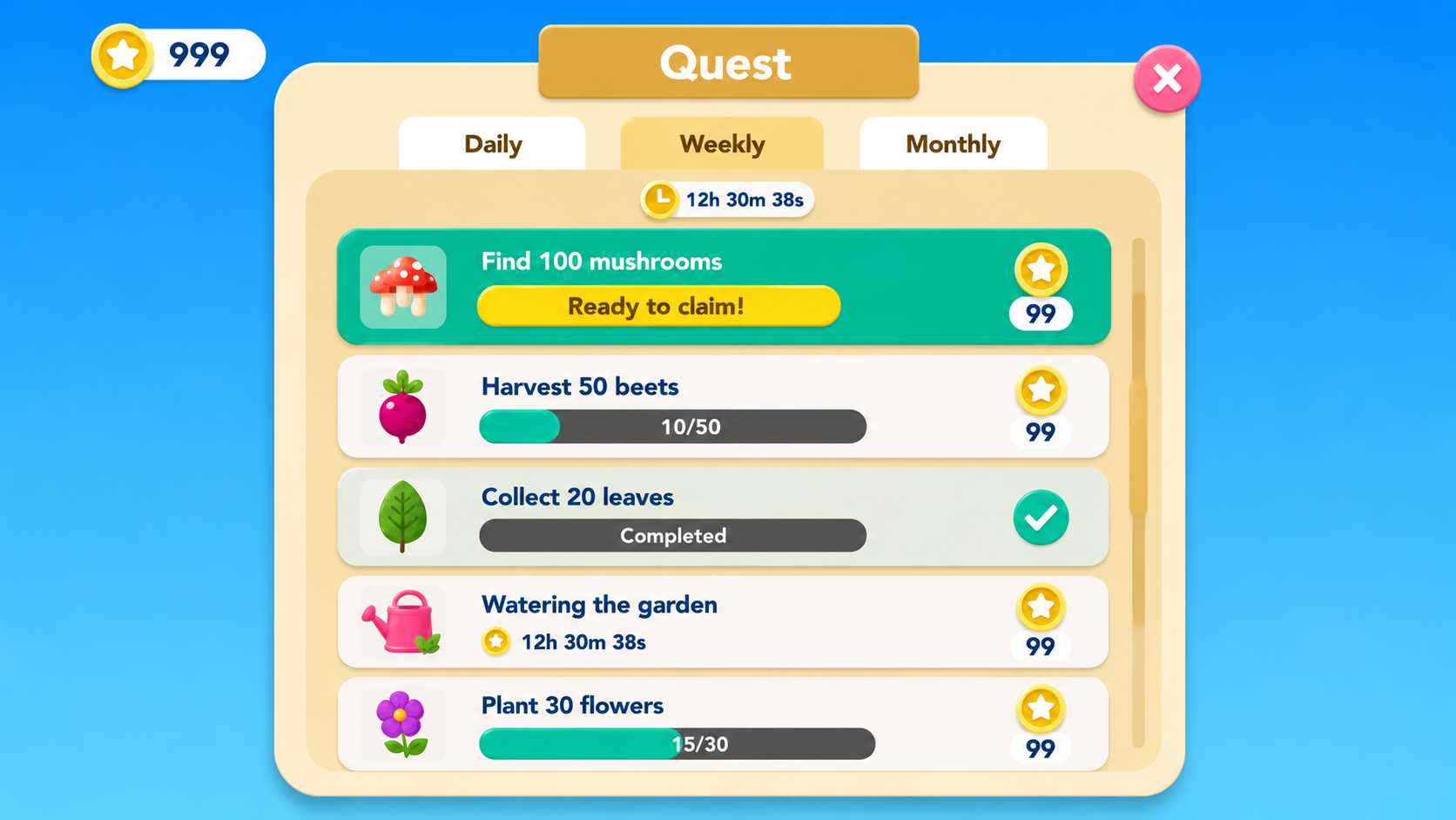 Quest panel with daily, weekly and monthly tabs, a countdown timer, and tasks shown as ready to claim, in progress with a bar, and completed