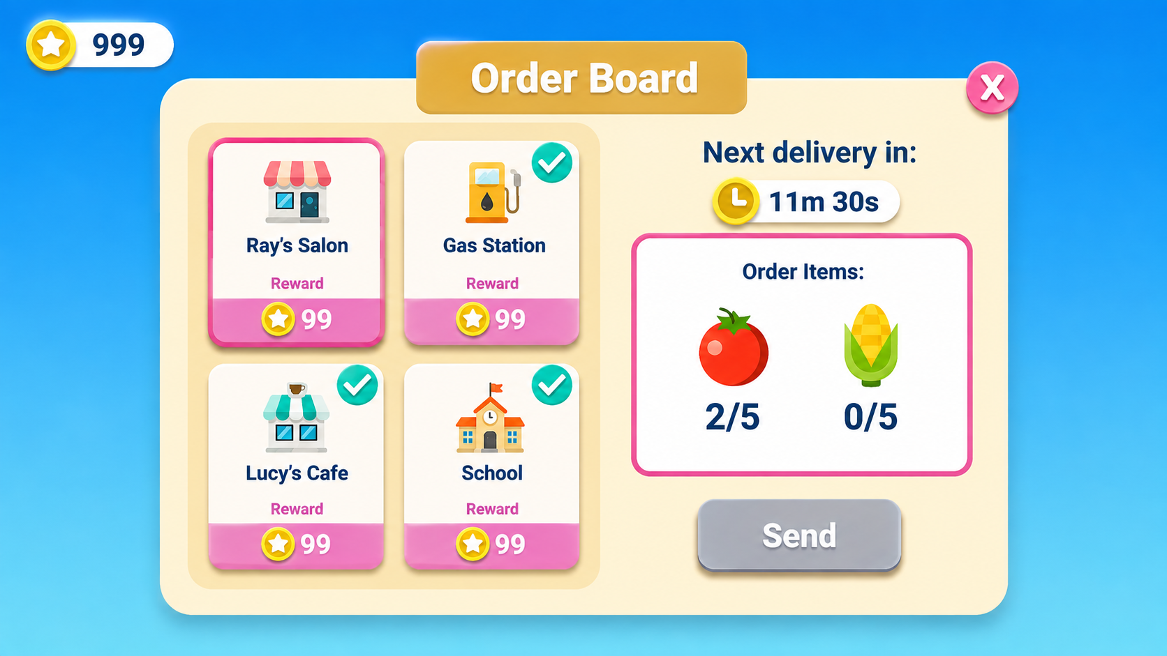 Order board panel listing four town locations with coin rewards, a next-delivery countdown, order item counts for tomato and corn, and a Send button