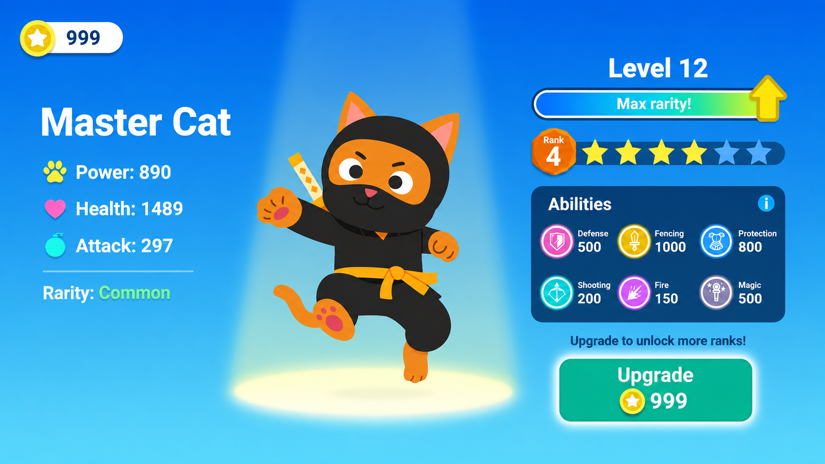 Character progression screen for Master Cat showing level, rank stars, power, health and attack stats, a six-tile ability grid, and an upgrade button priced in coins