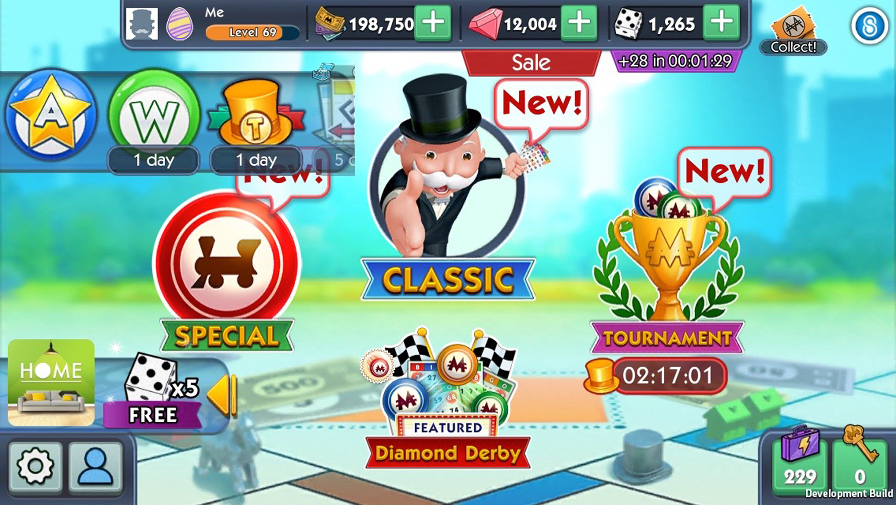 Original MONOPOLY Bingo lobby with mode icons at different sizes scattered across the board and event icons overlapping in the top left corner