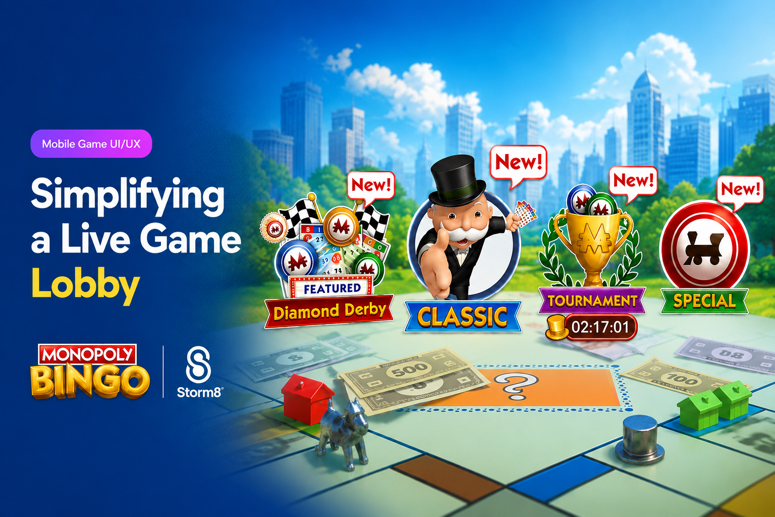 MONOPOLY Bingo lobby key art — Diamond Derby, Classic, Tournament and Special mode icons lined up across a Monopoly board with the title Simplifying a Live Game Lobby
