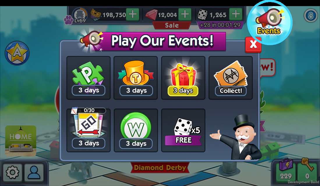 Rejected concept showing a Play Our Events dialog with seven event tiles in a grid opened from an Events button in the corner of the lobby