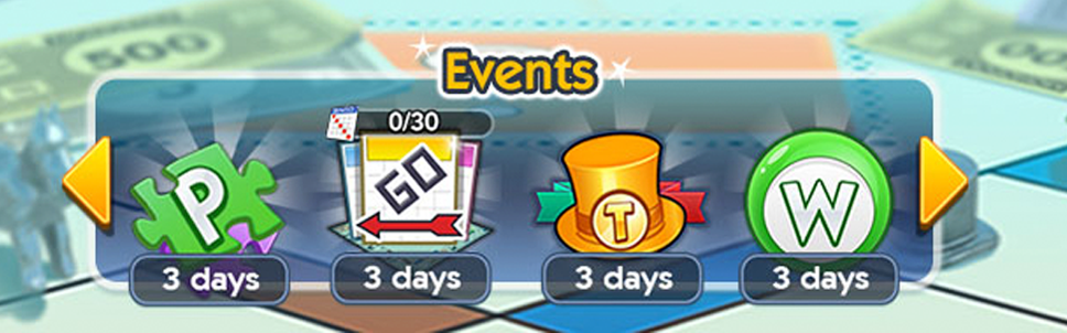 Final direction showing the Events selector strip in the lobby with four event icons labeled 3 days and paging arrows on each side