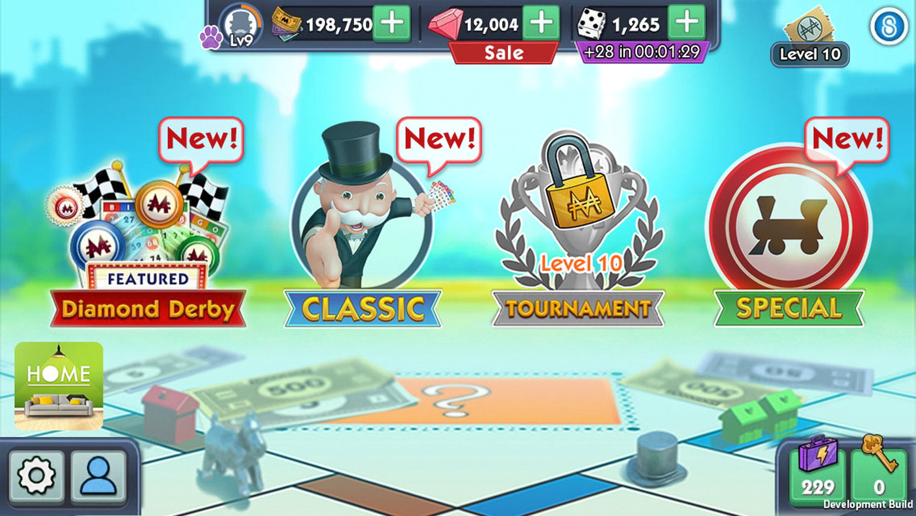 First pass lobby with Diamond Derby, Classic, Tournament and Special icons resized to matching scale in a single row
