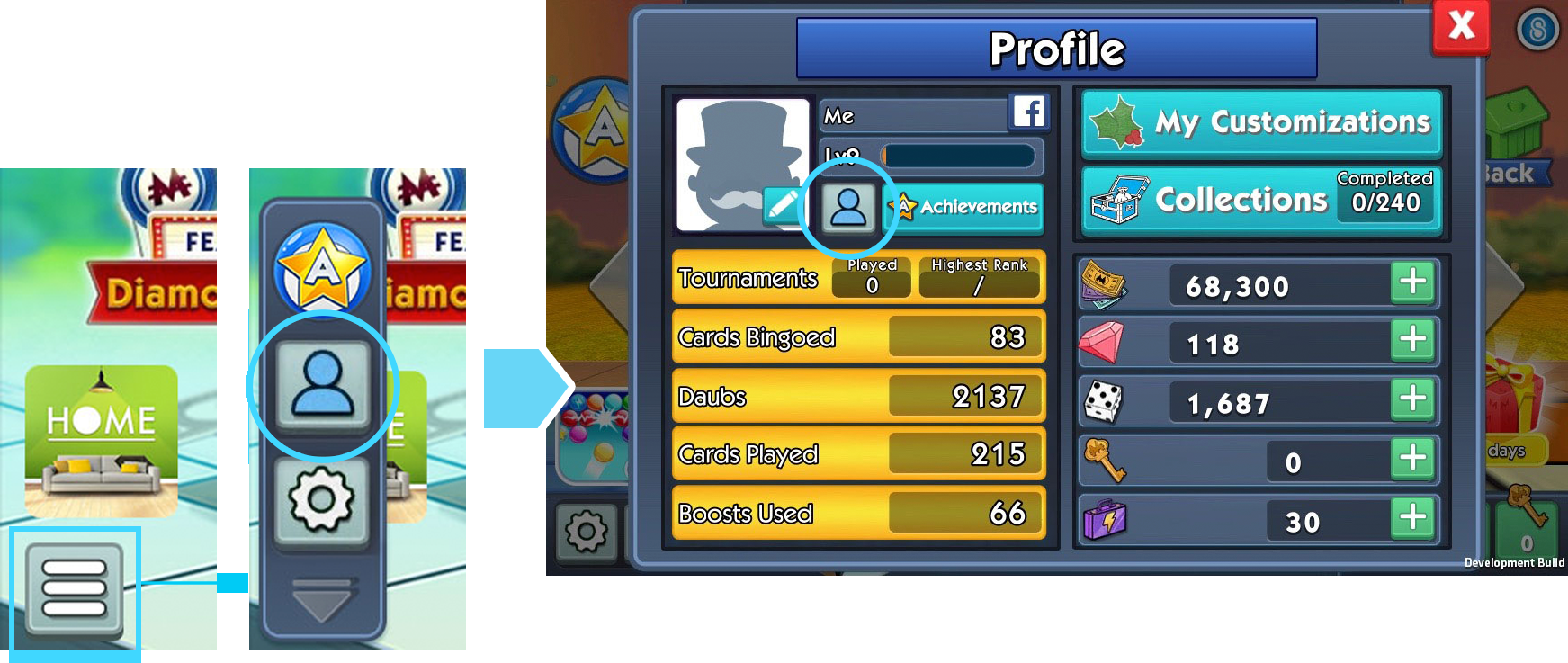 Diagram showing the menu button expanding into achievements, profile and settings buttons, which opens the Profile dialog with stats, customizations and collections