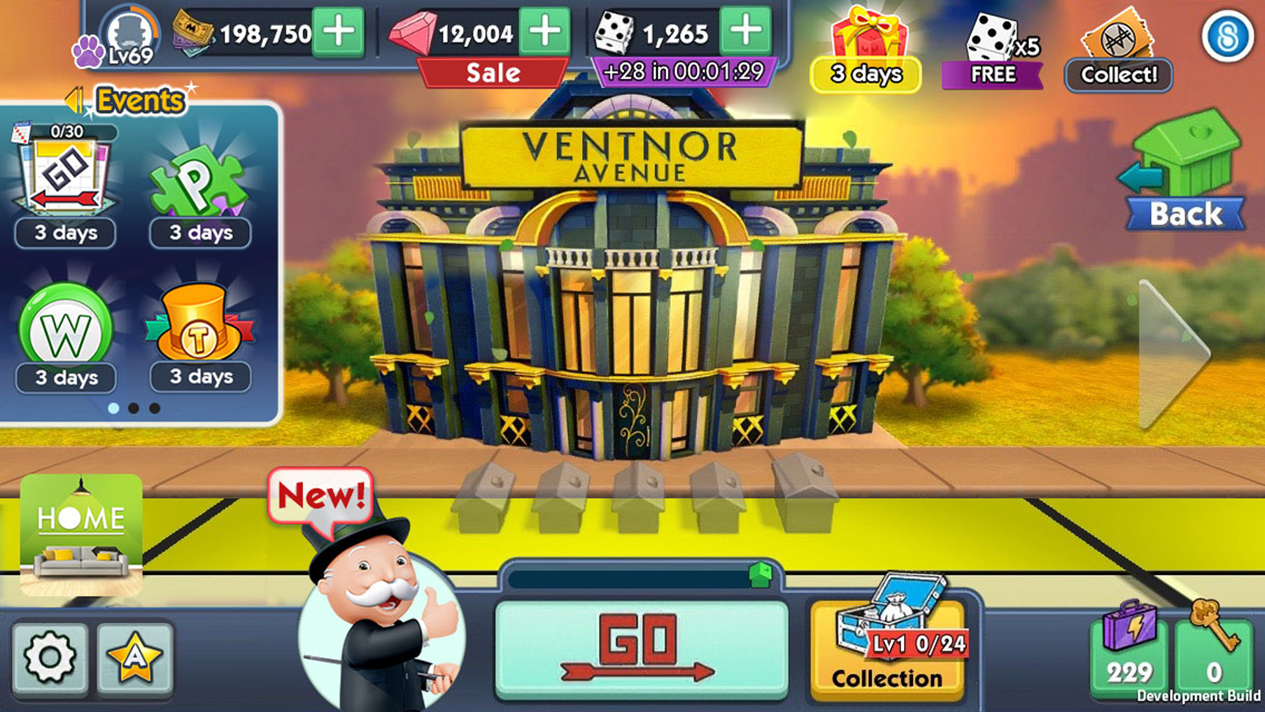 Room selector screen for Ventnor Avenue with the events panel collapsed into a two-by-two grid in the top left corner