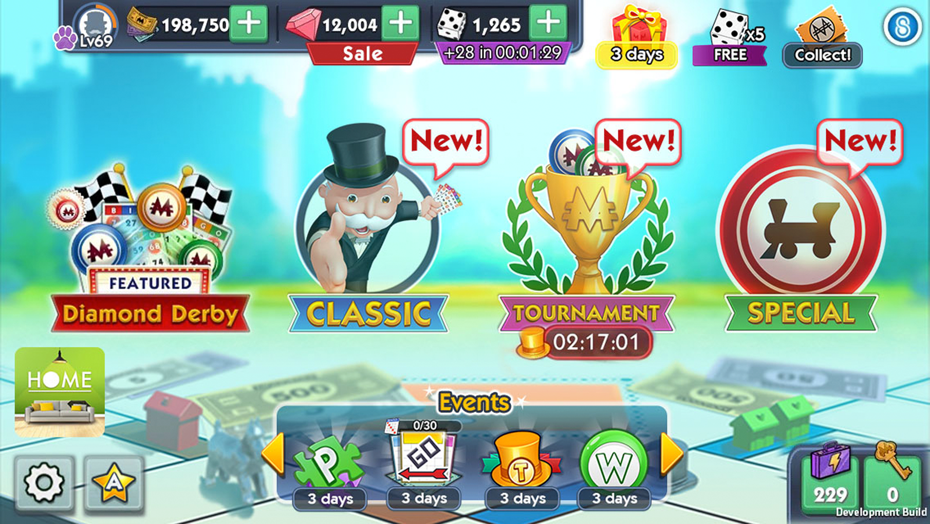 Second pass lobby with the same mode row plus a horizontal Events selector strip with paging arrows near the bottom of the screen