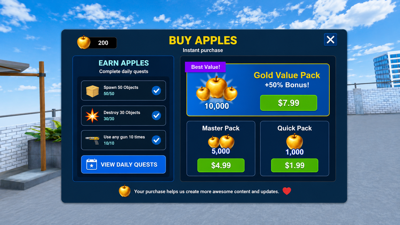 Buy Apples panel on a VR rooftop with an apple balance of 200, an Earn Apples column of three completed daily quests, and three purchasable packs — the Gold Value Pack marked Best Value beside Master and Quick packs