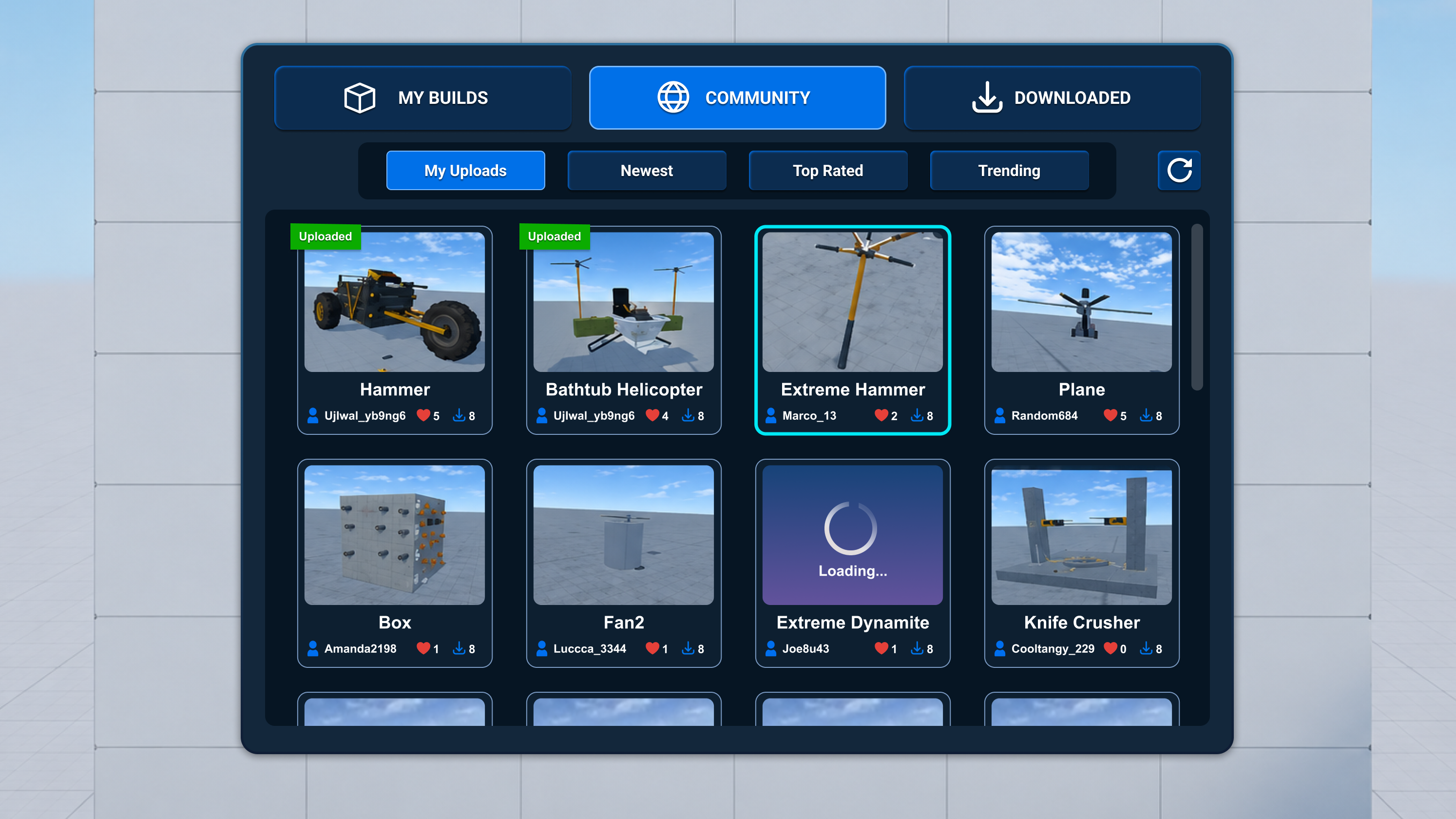 Community tab showing a scrolling grid of player-created builds with creator names, like counts, download counts, uploaded badges and a loading card