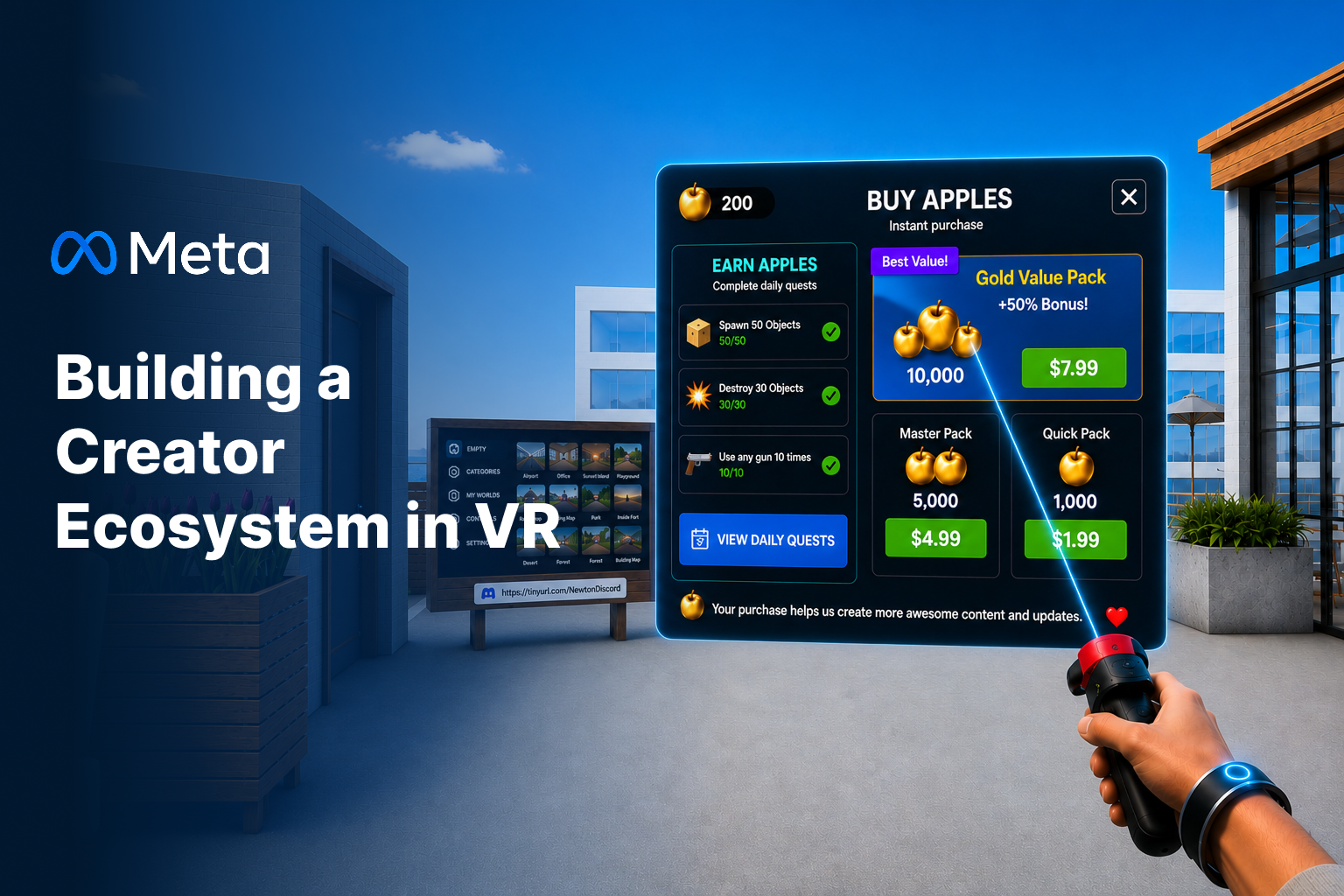 Newton’s Playground key art titled Building a Creator Ecosystem in VR, showing a VR rooftop scene with a Buy Apples panel selected by a controller laser