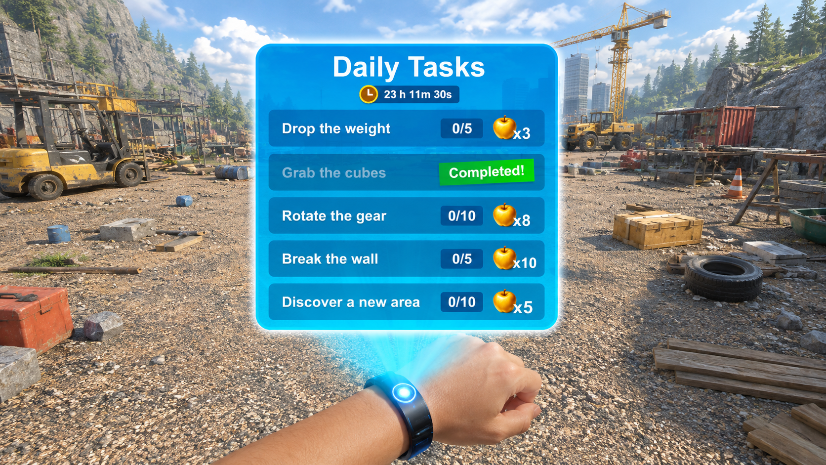 Daily Tasks panel projected from the player’s wristband above a construction site, showing a 23 hour countdown and five tasks with progress counters and golden apple rewards, one marked Completed