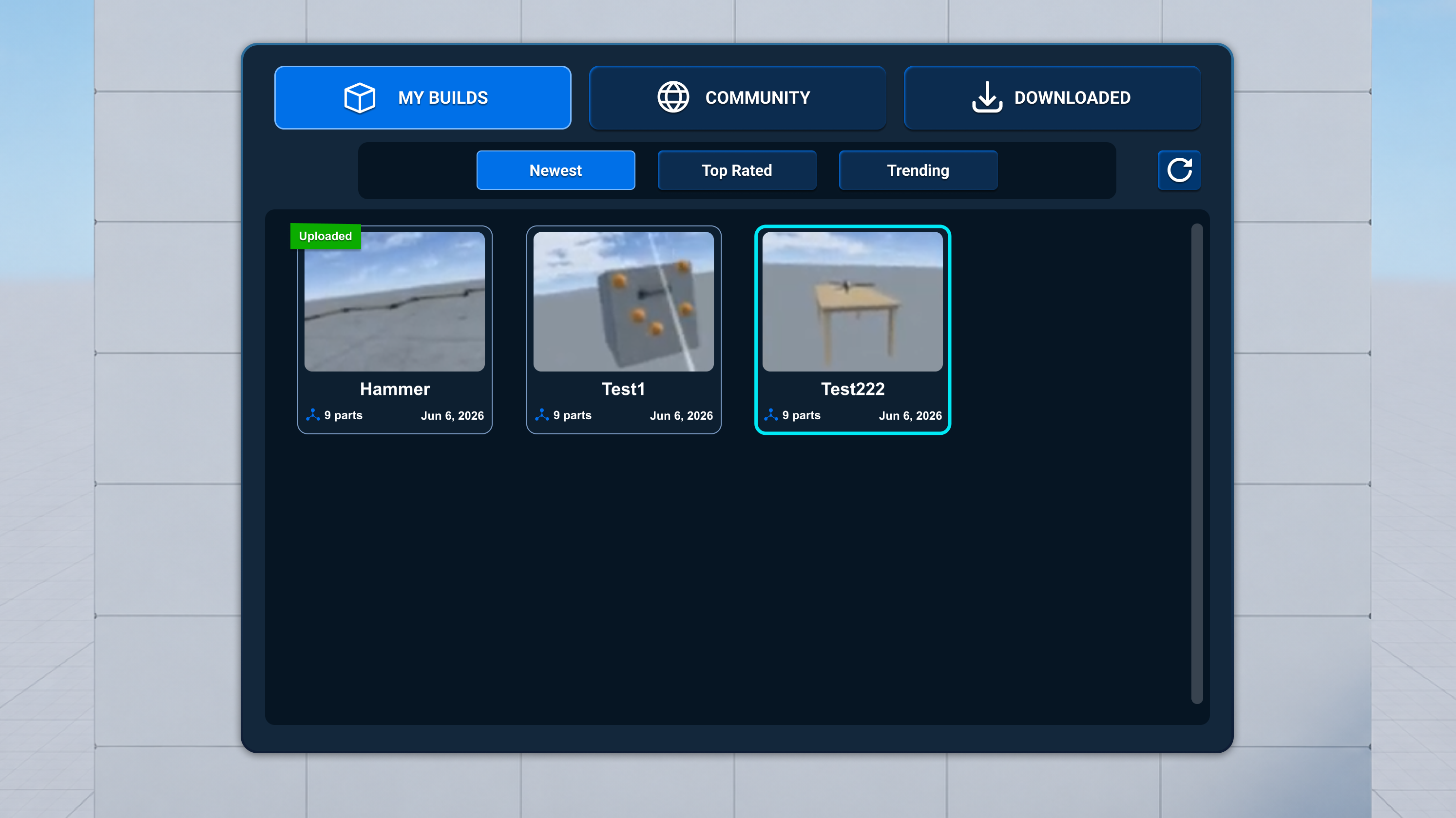 My Builds tab with Newest, Top Rated and Trending filters and three build cards showing part counts, dates, an uploaded badge and a cyan selection frame