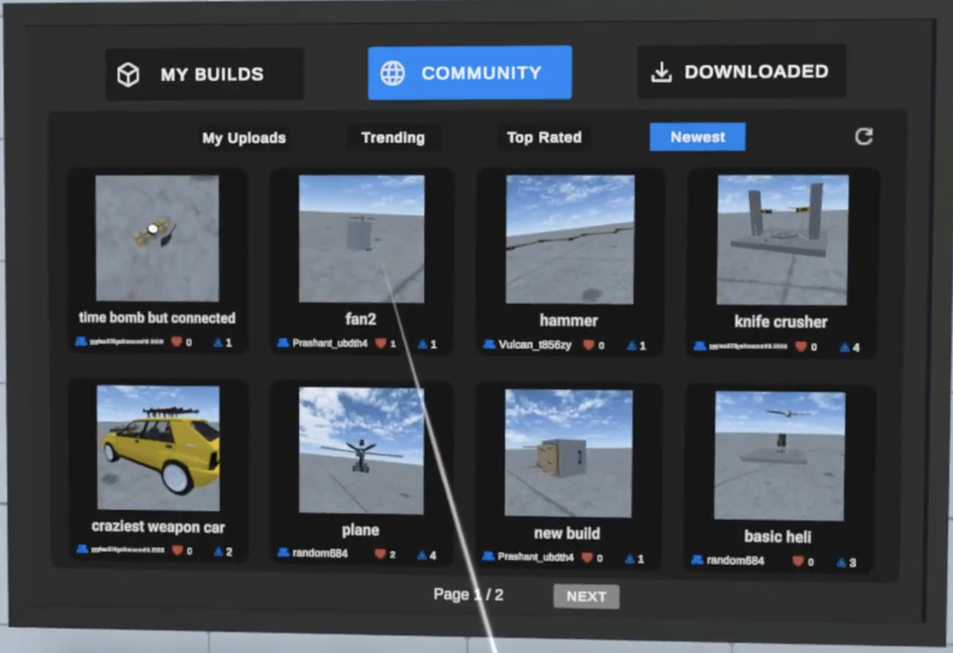 Original community build browser on a flat grey panel with inconsistent filter buttons, small thumbnails, illegible creator names and a Page 1 of 2 pagination control at the bottom