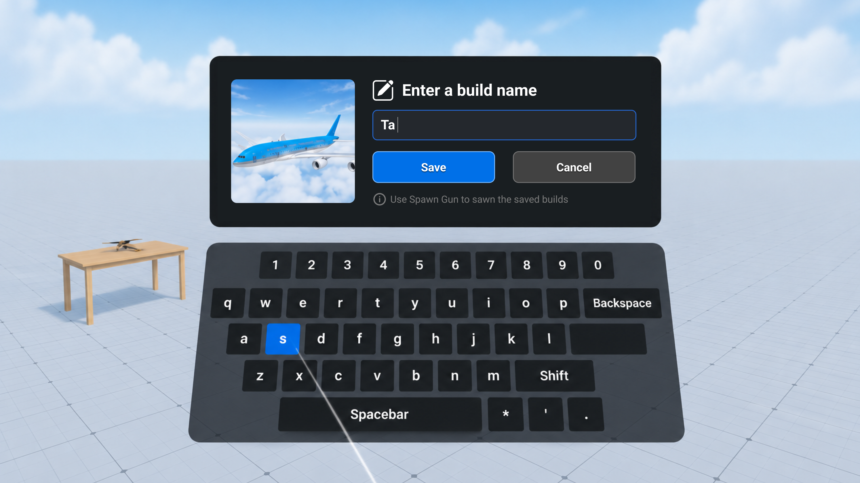 Save build panel above a virtual keyboard showing a plane preview, a build name field being typed into, and Save and Cancel buttons with a hint about the Spawn Gun