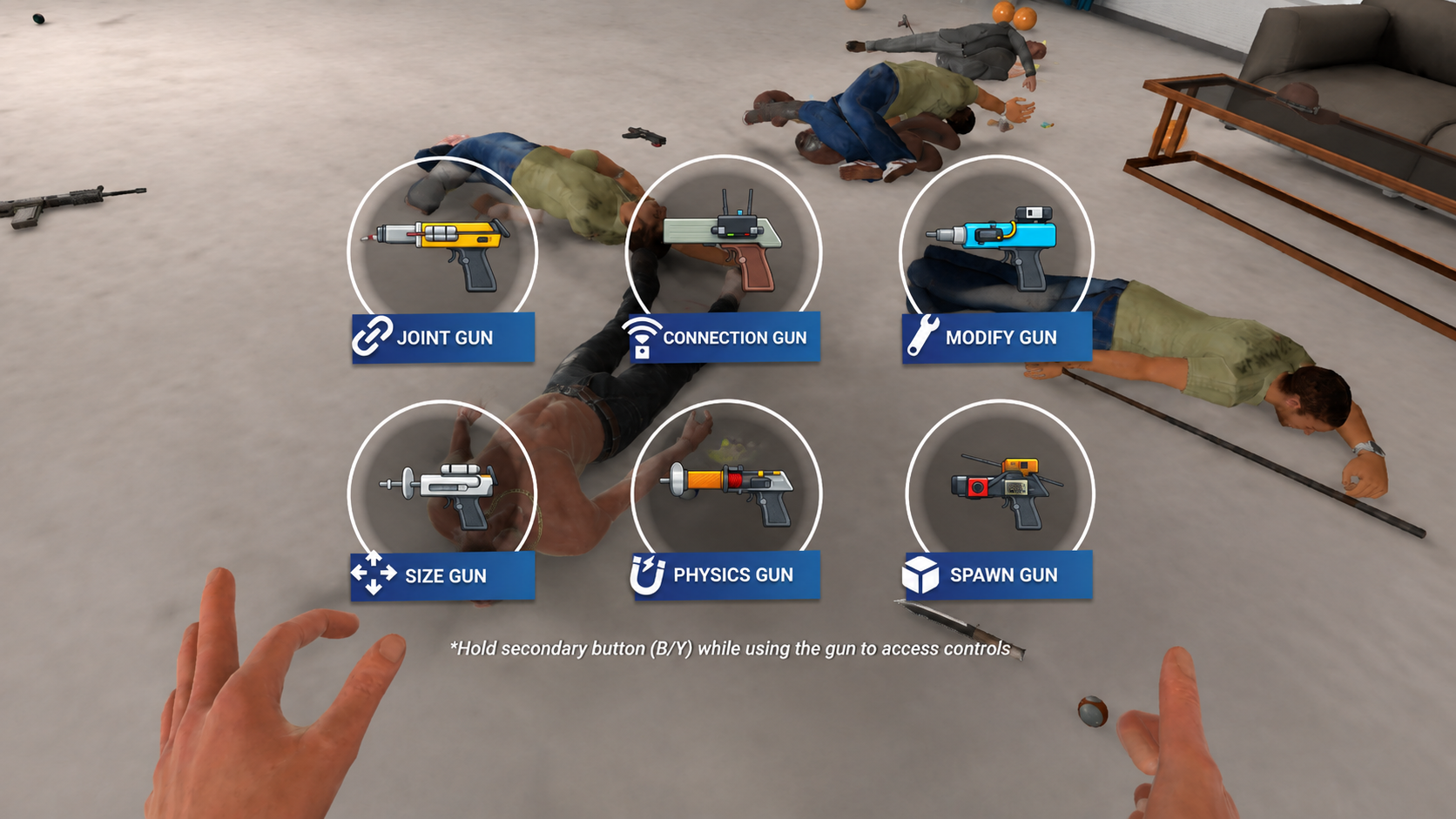 Tool selection overlay showing six circular icons on labeled banners — Joint Gun, Connection Gun, Modify Gun, Size Gun, Physics Gun and Spawn Gun — over a physics sandbox scene, with a note to hold the secondary button while using a gun to access its controls