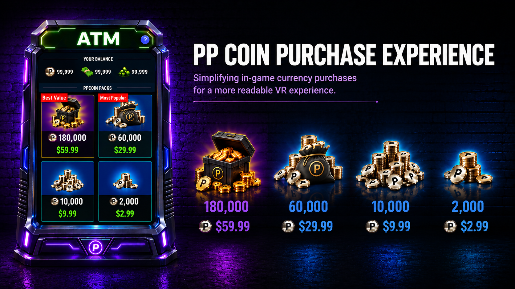 PPCoin purchase experience slide — the ATM kiosk on the left shows a compact Your Balance row above a PPCoin Packs grid of 180,000 for $59.99 labeled Best Value, 60,000 for $29.99 labeled Most Popular, 10,000 for $9.99 and 2,000 for $2.99, and the right side lines up the four coin renders in ascending order: an open chest, a coin bag, a large pile and a small stack