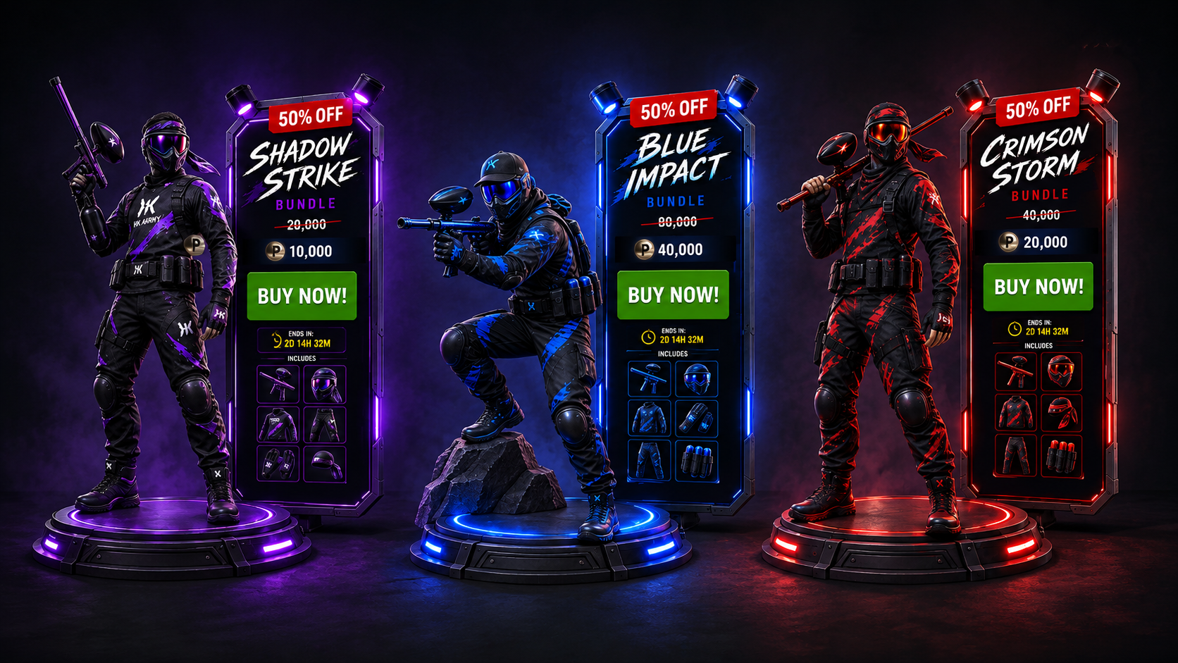 Three bundle displays lit in their own colors — Shadow Strike in purple at 10,000 PPCoin, Blue Impact in blue at 40,000, and Crimson Storm in red at 20,000 — each a life-size paintball character on a glowing podium beside a panel carrying a 50% off flag, a struck-through original price, a green Buy Now button, a 2D 14H 32M countdown, and a six-item Includes grid